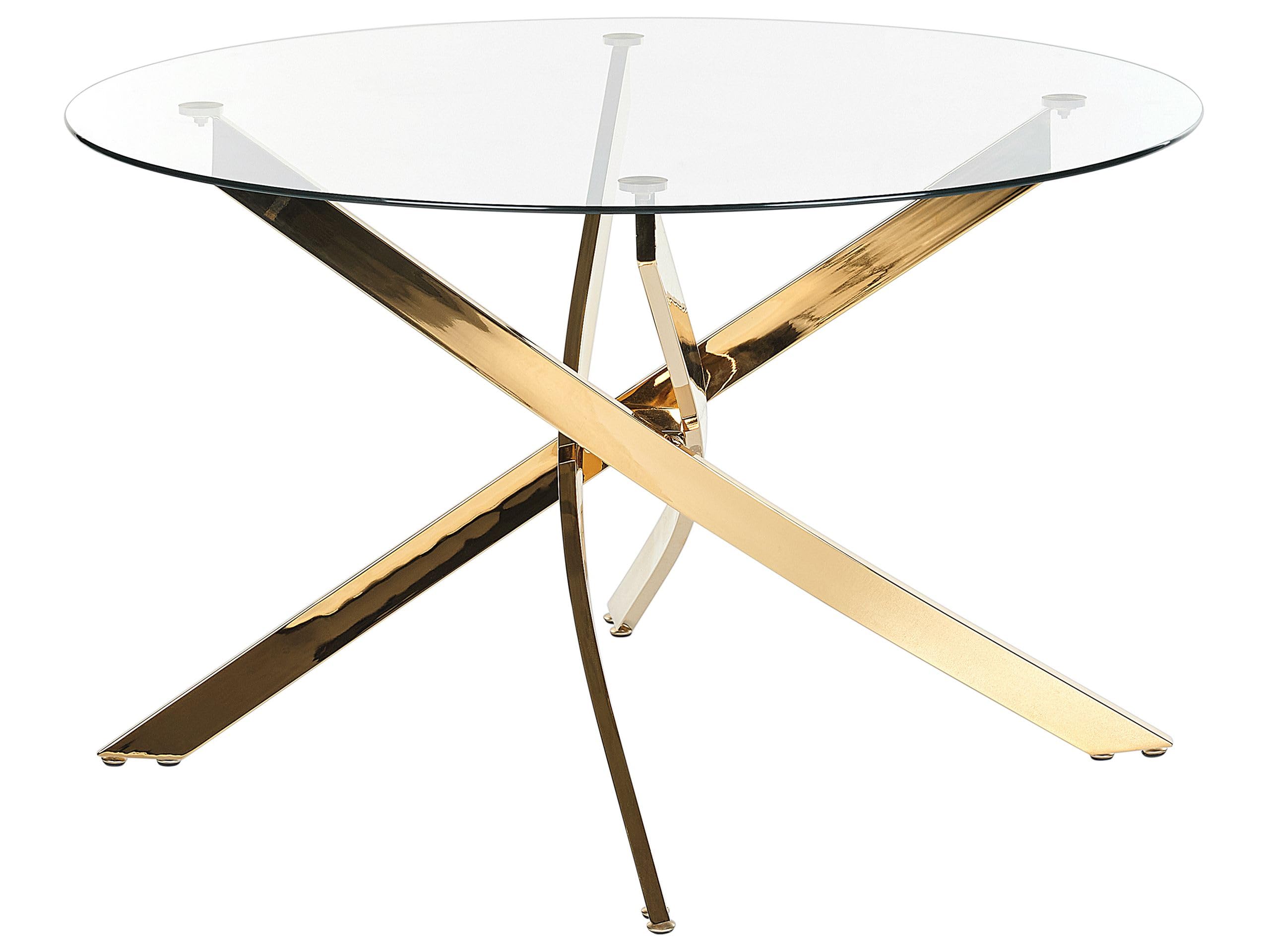 Beliani Mesa de Comedor Redonda Glamour ⌀120 cm Tablero de Vidrio Templado Patas Doradas Maramo