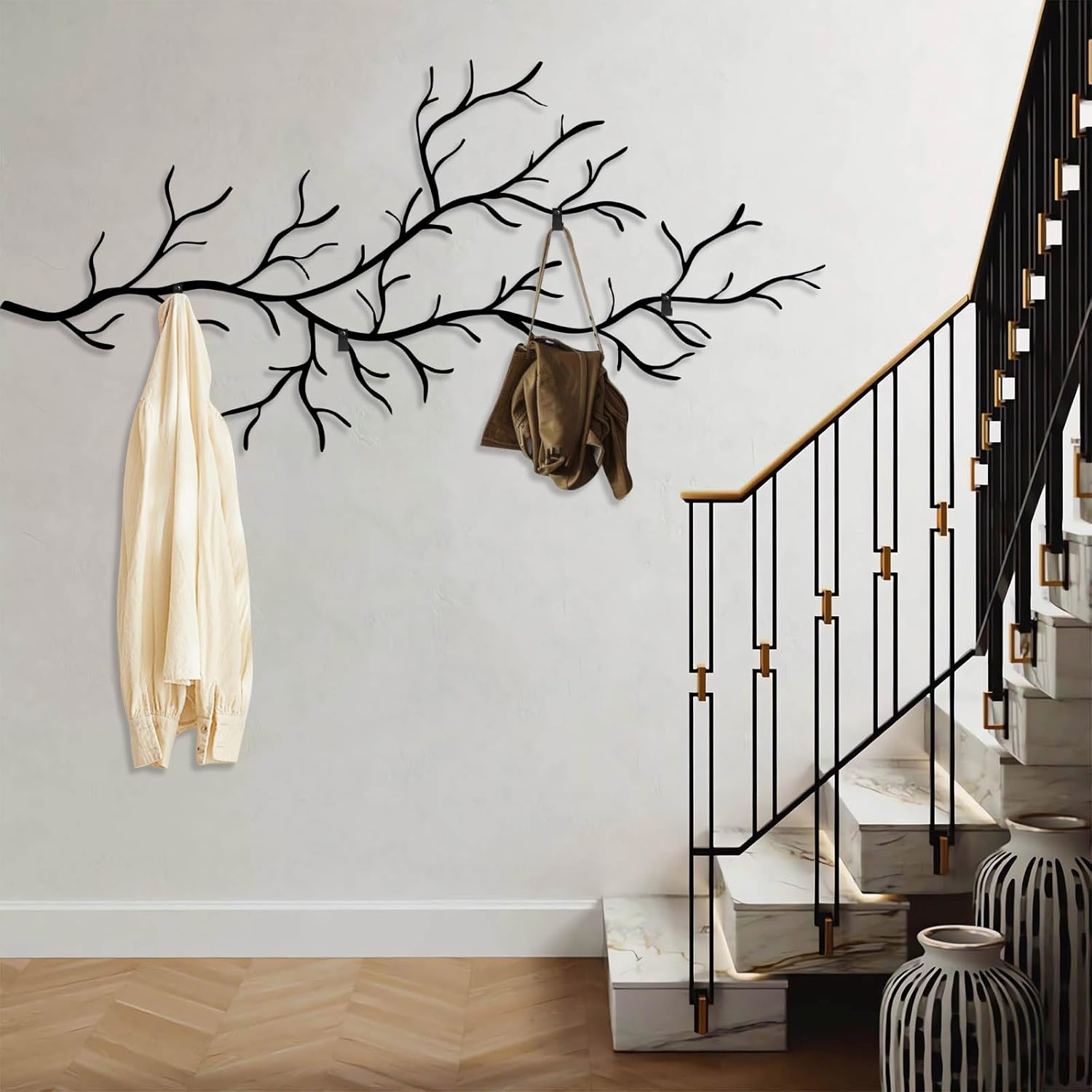 HOLECIC Metal Tree Coat Rack, Large Tree Branch Wall Mount, Tree Branch Coat Rack Wall Mount, Nature-Inspired Decor, Panoramic Nature Wall Decor, Entryway Wall Decor (Black, 17"x35"|43x90cm)