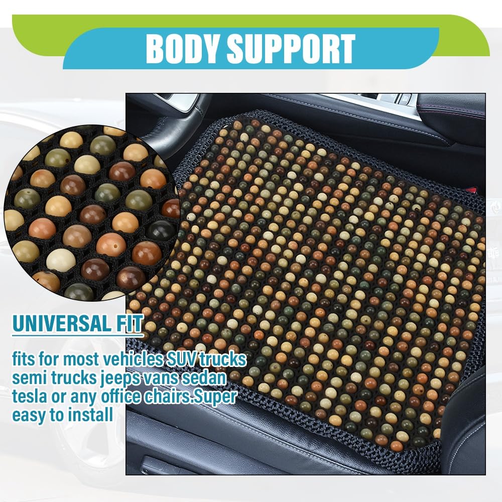 Blueshyhall Cojín de asiento para coche con masaje, 48 x 48 x 3 cm, transpirable, antideslizante, cojín universal de perlas de madera Bodhi con bolas de masaje para coche, oficina, silla (negro)