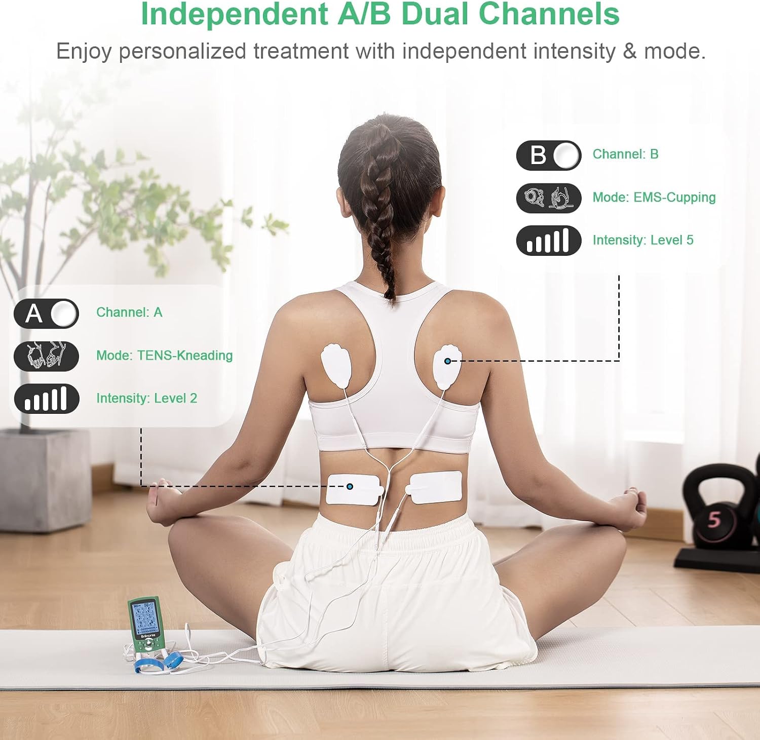 Brilnurse Dual Channel TENS EMS Unit 24 Modes 30 Level Intensity Muscle Stimulator for Pain Relief, Rechargeable Mini TENS Machine Pulse Massager with 10 Pads/Storage Pouch/Cable Ties (Green)