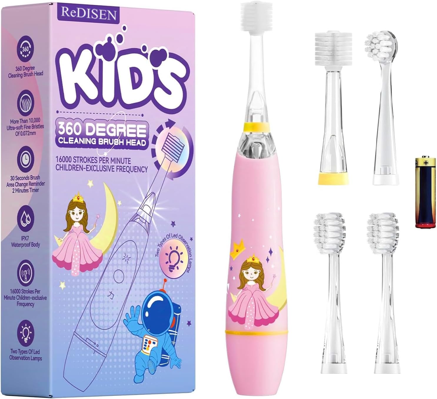 360 Degree Children’s Electric Toothbrush with Fun LED Lights, Built-in 2-Minute Timer, Extra Soft Bristles & Ergonomic Handle - Ideal for Ages 1-12, 4 Replacement Brush Heads（Pink）