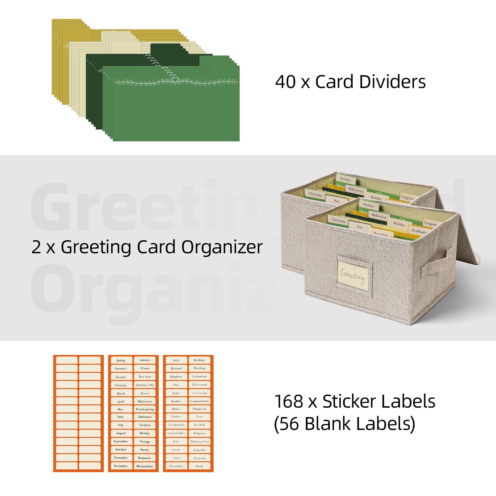 Vienrose Greeting Card Organizer Storage Box with 40 Removable Dividers, 168 Self-stick Labels, Perfect for Photos Envelopes - Image 4