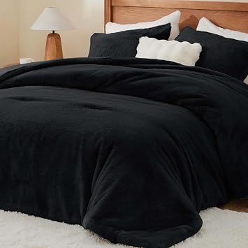 BEDELITE Faux Fur King Comforter Set Black,Warm Bedding with 2 Pilowcases