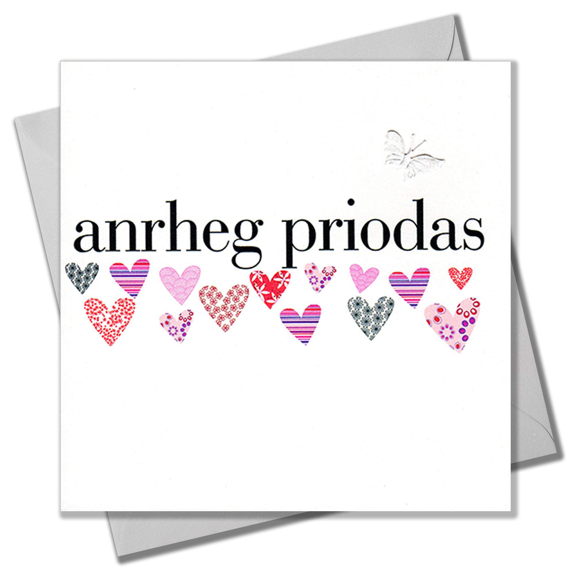 Claire Giles Greeting Cards, Welsh Wedding Card, Pink Hearts Design Wedding Congratulations Greeting Card, Embellished with a Pretty Fabric Butterfly