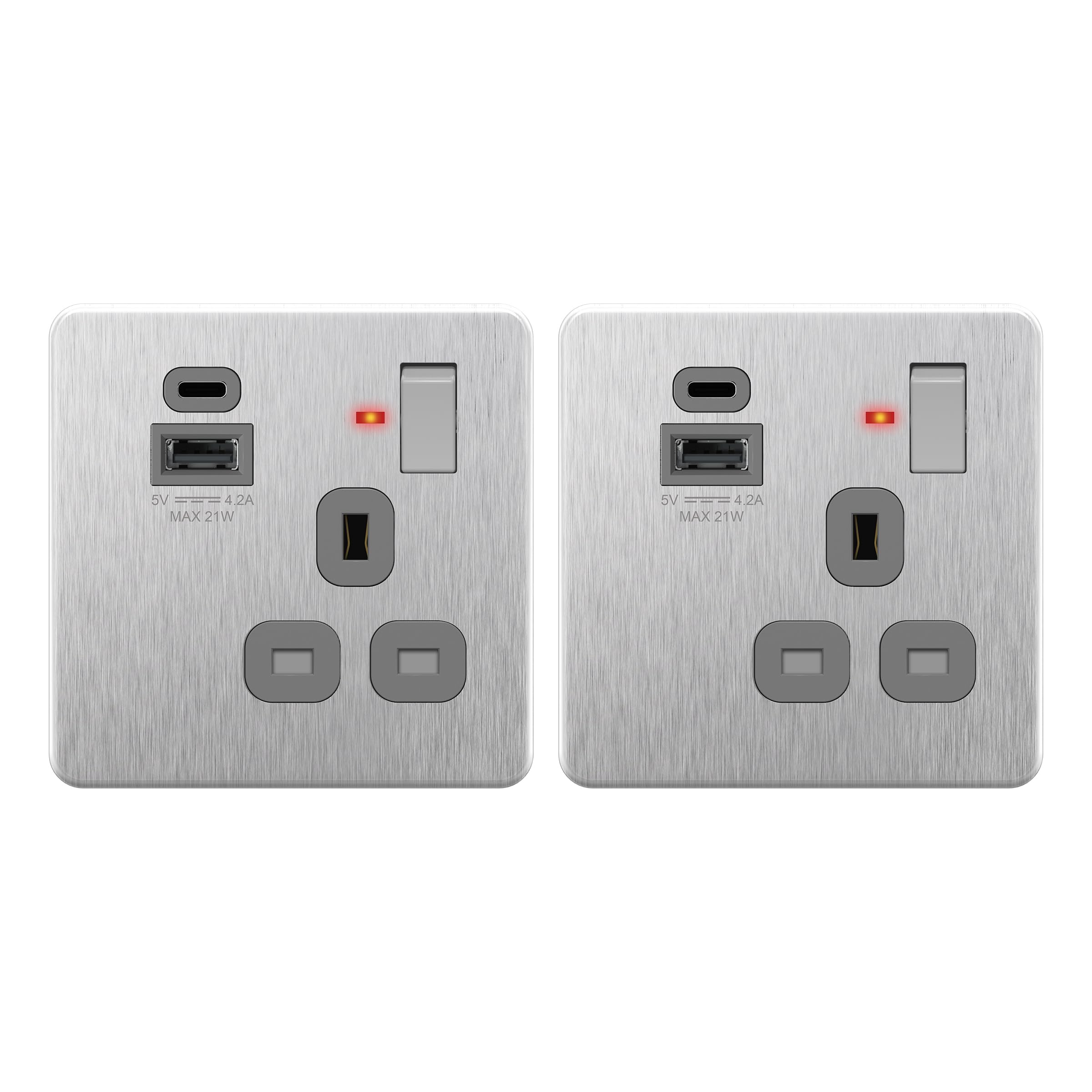 LIDER 1-Gang Switched 13A Socket with 20W USB-A & C Charger, LED Power Indicator, Combined 5V/4.2A (20W) Output, UKCA Certified, Durable Metal Faceplate, Stainless Steel, 2-Pack (Use 35mm back box) — image 1