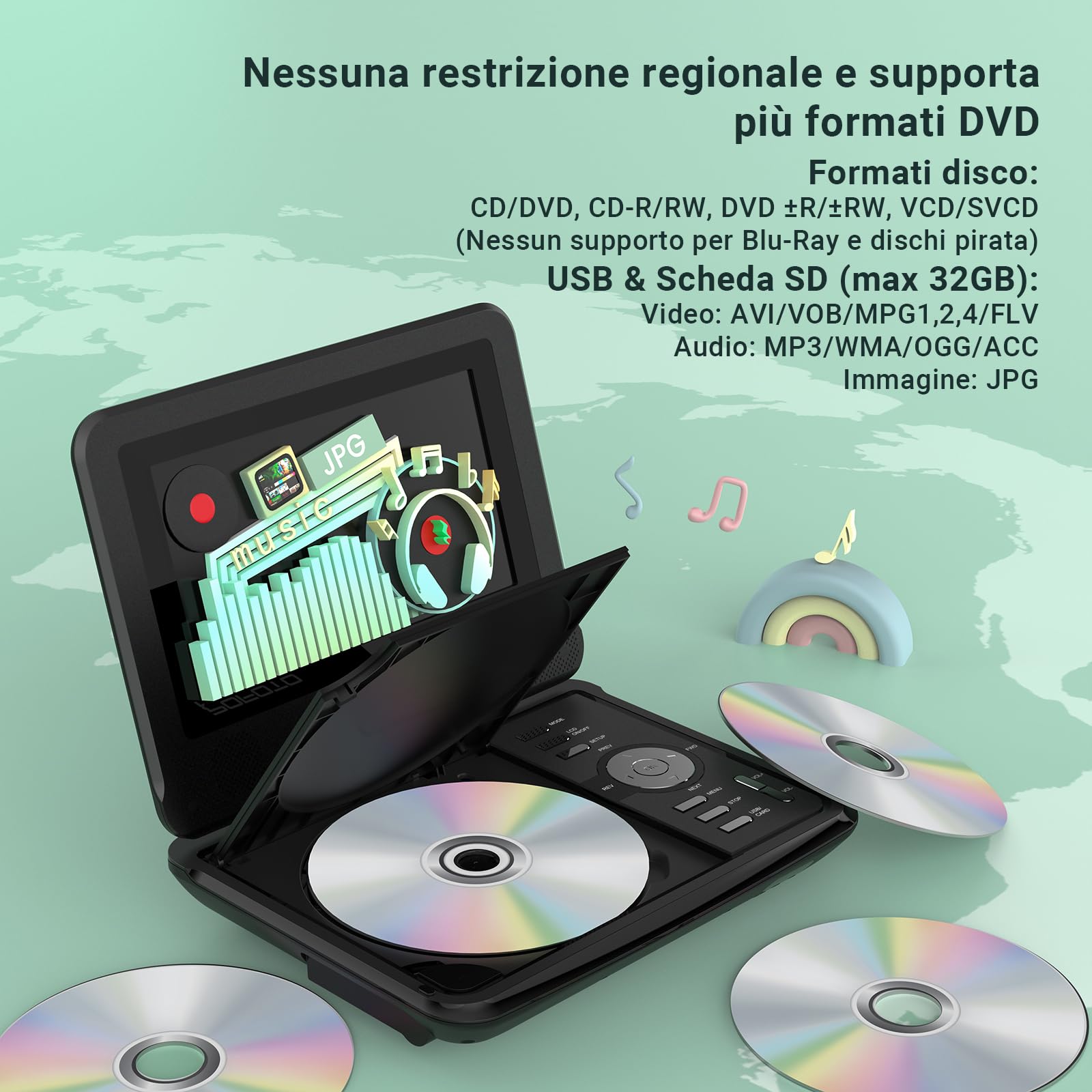 POFOTO Lettore DVD Portatile 9,5'' con Schermo HD Ruotabile 7,5'', Batteria 4-6 Ore, Supporto Multiformato Dischi/SD/USB, Antiurto, Riproduzione Memoria, Sync TV e Proiettore, con Caricatore per Auto
