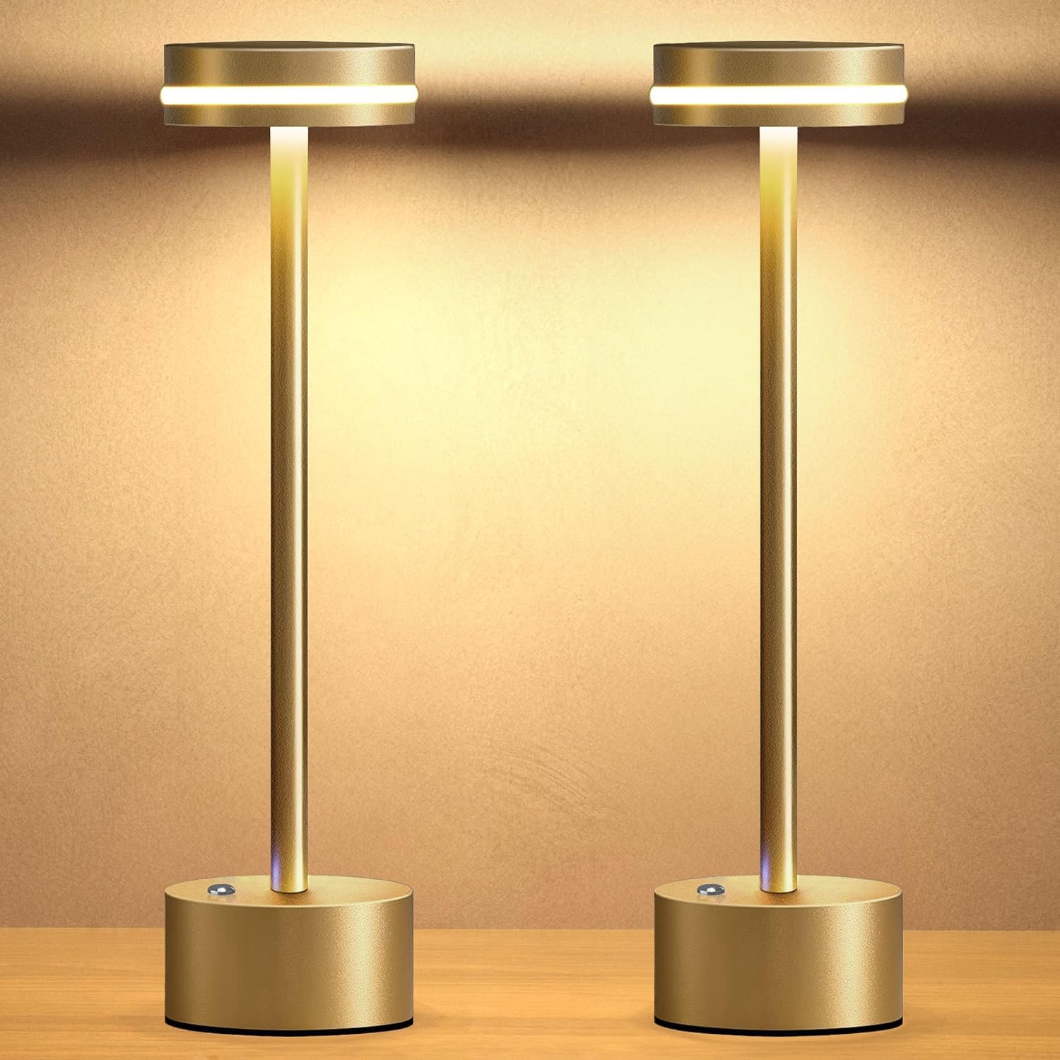 2 Pack Rechargeable Table Lamp - Cordless Bedside Lamps for Bedroom, Touch Sensitive Dimmable Table Lamps, Wireless Portable Battery Operated Lamp, Modern LED Nightstand Light for Living Room (Gold)