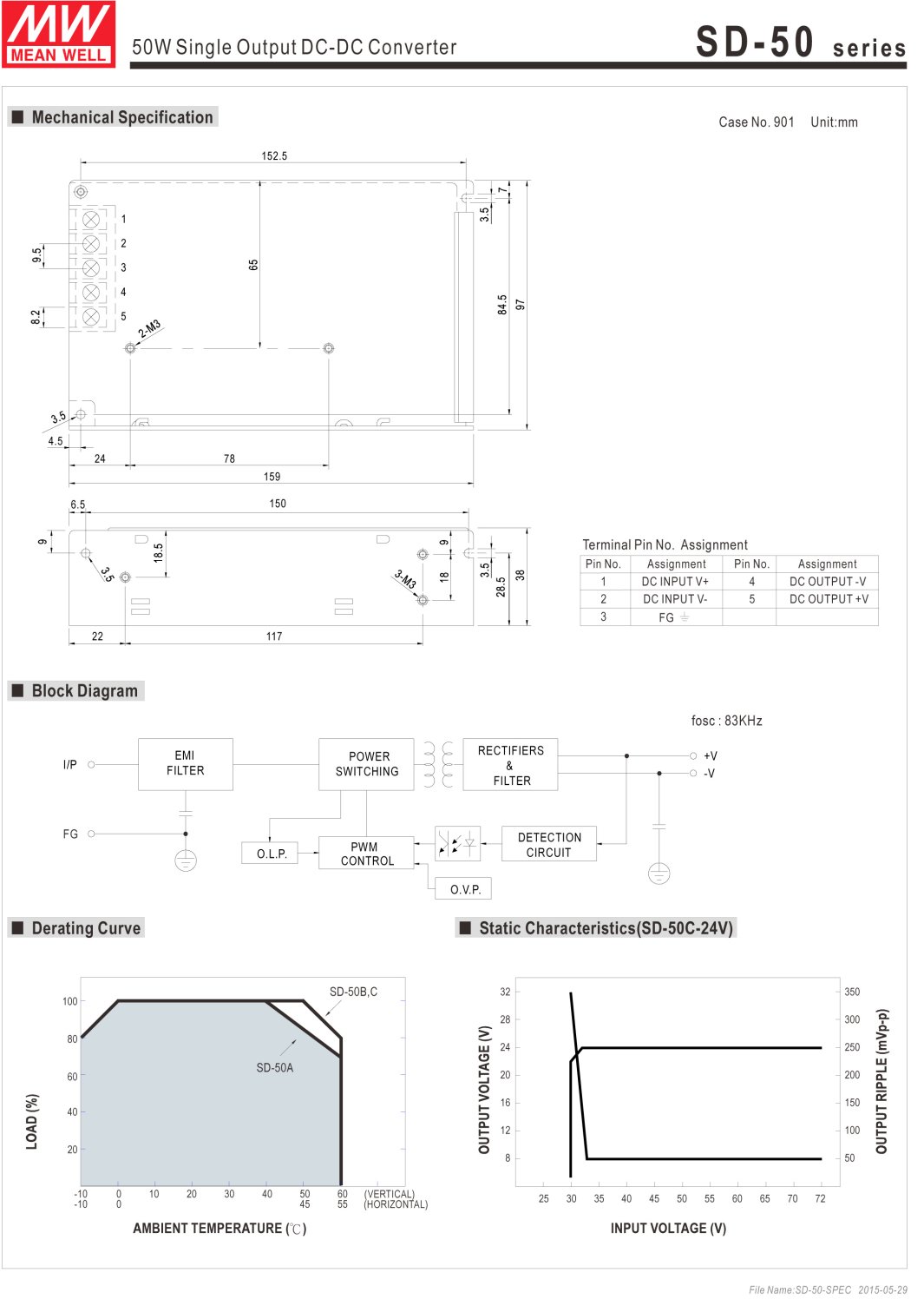 SD-50A-24 Fuente de alimentación, salida única, 24 voltios, 2.1 A, 50.4 W, 5 pines, 6.3 pulgadas de largo x 3.8 pulgadas de ancho x 1.5 pulgadas de alto 3