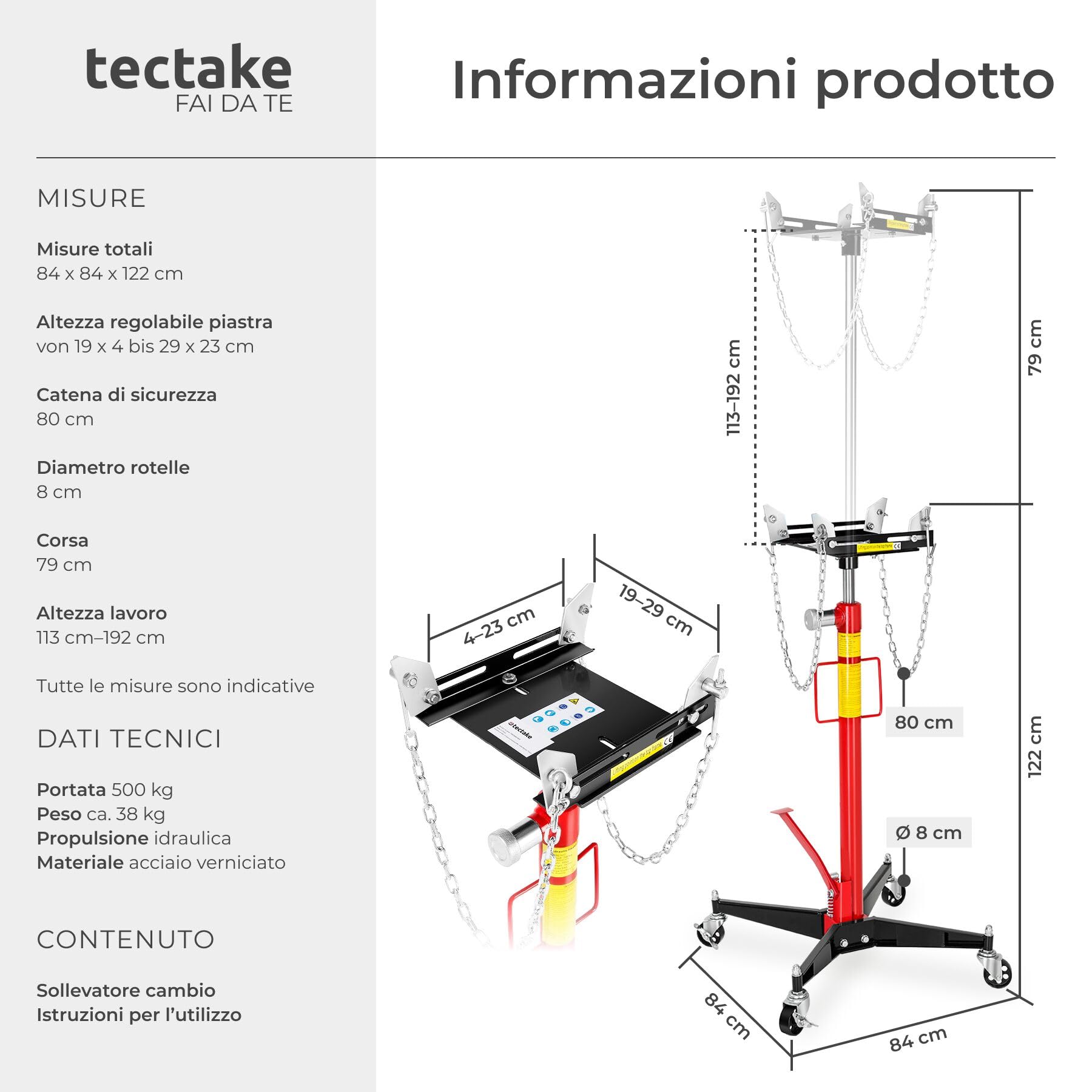 tectake® Sollevatore Idraulico per Motore, Sollevatore Cambio Auto, Carrello Officina Idraulico, Martinetto da Fossa, Supporto Regolabile, Ruote con Freno, Utensile Officina, 500 Kg, 38 Kg - Rosso