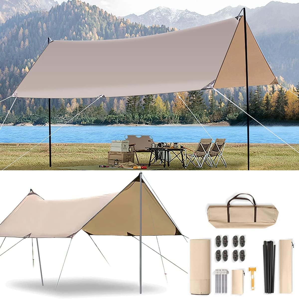 Camping Tent Tarp Sun Shelter Canopy Beach Sunshade with Poles, 46