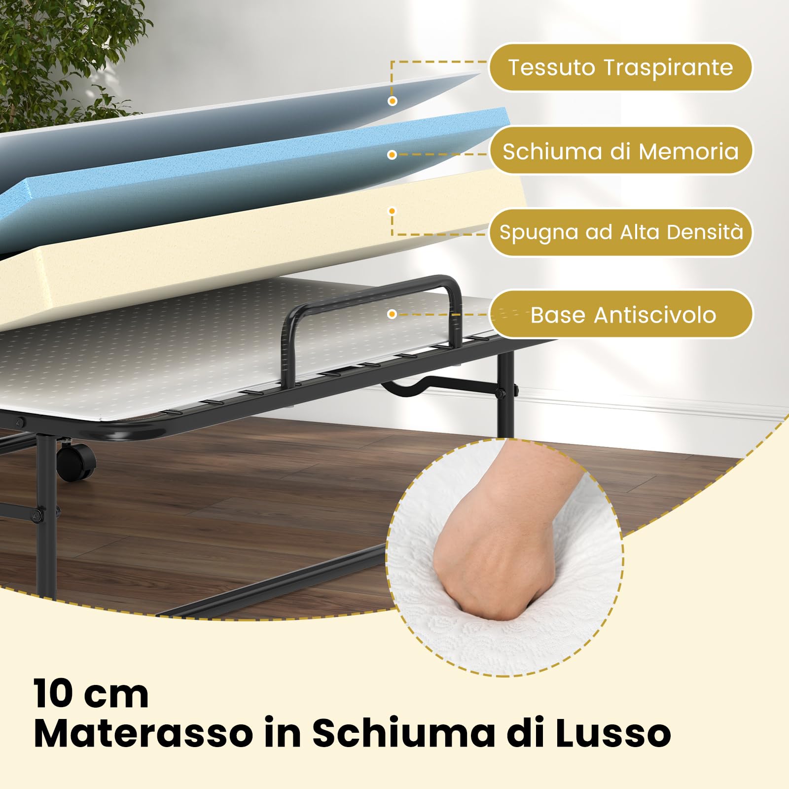 COSTWAY Letto Pieghevole con Materasso, Letto Singolo Pieghevole per Ospiti con Memory Foam e Struttura in Metallo, Brandina con Ruote, 190 x 90 cm, Carico 220 kg
