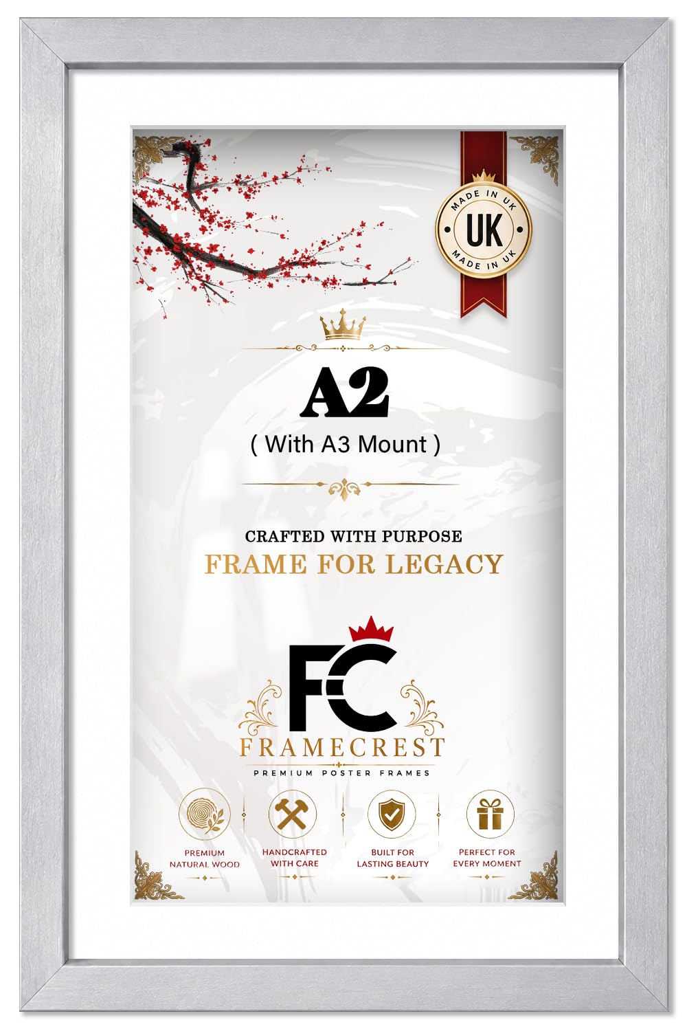 FRAMECREST LTD - A2 Picture Frame With A3 Mount, White Mount For Portrait Or Landscape Art, Silver Gallery Wall Frame For Posters And Photos, Prints, Paintings, Living Room Home Studio - [Silver]