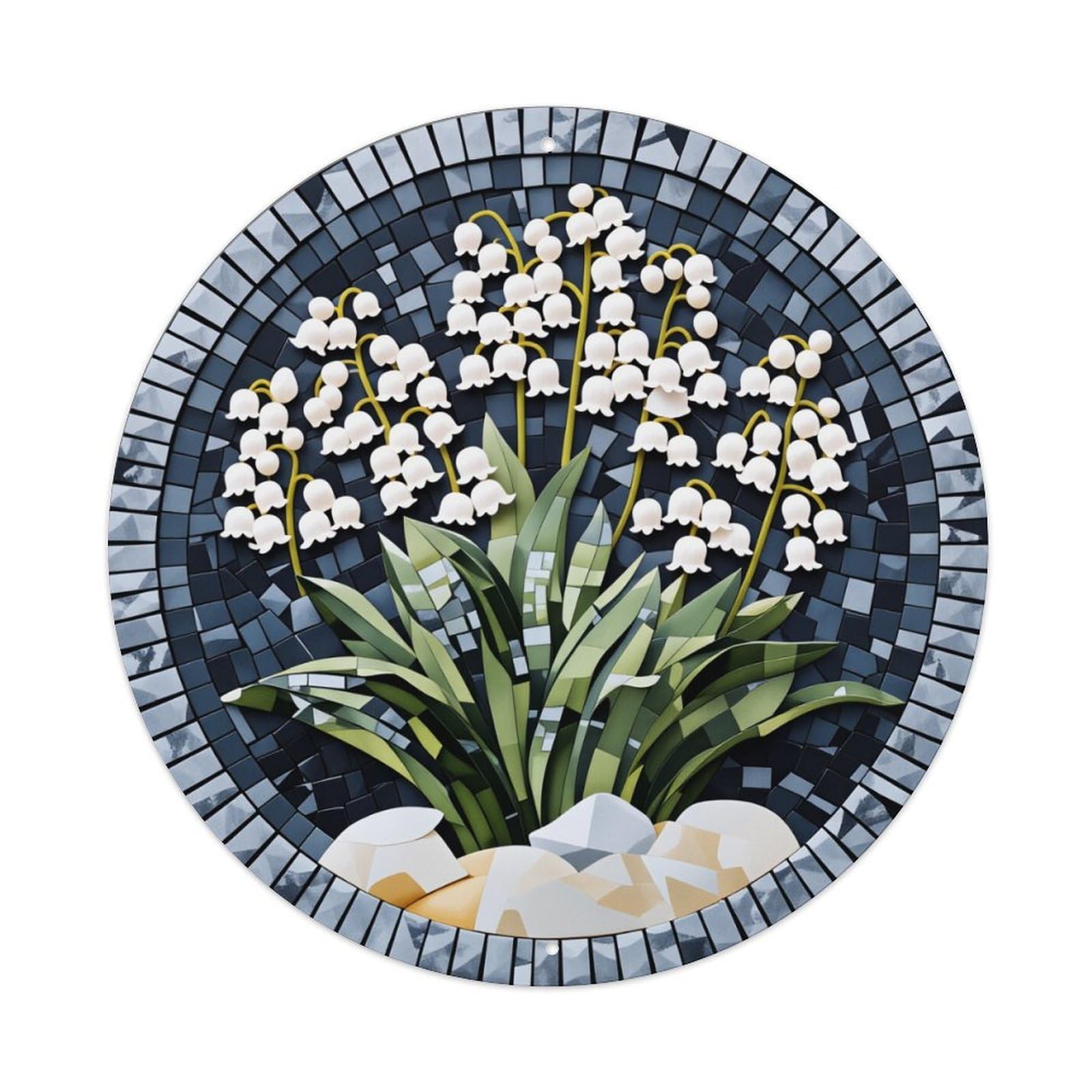 Lily Of The Valley Mosaic Round Tin Sign Vintage Metal Poster Retro Bar, Home, Man Cave, Kitchen, Laundry Room Wall Art Decor Gift 8x8Inch