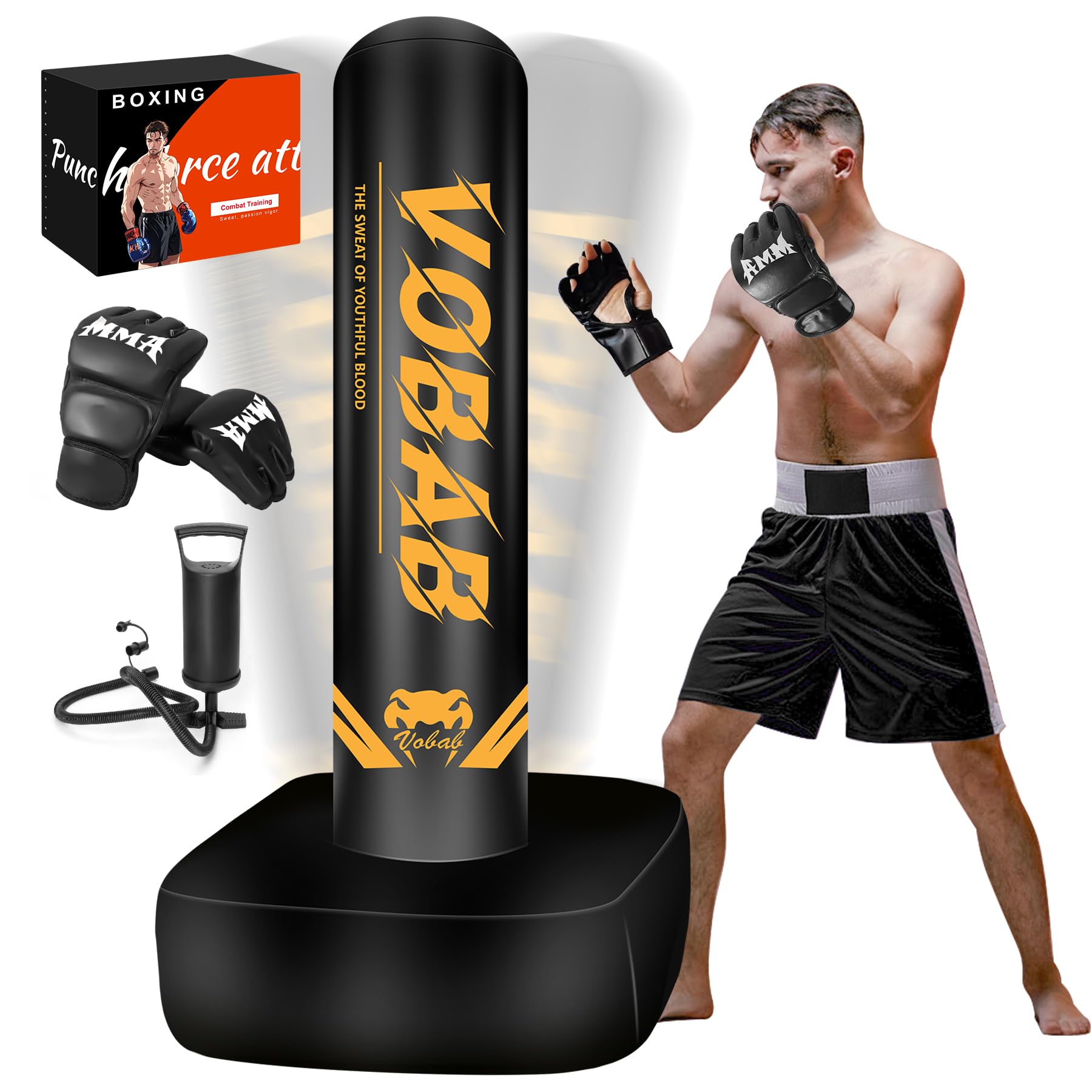 Boxeo pesado con base cuadrada, saco de boxeo, guantes de boxeo, bomba, caja de regalo premium para gimnasio en casa, MMA, fitness, saco de boxeo inflable para hombres