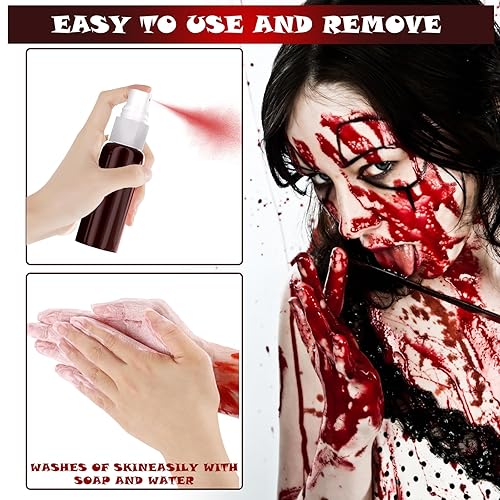 Miniatura 6 de Kit de maquillaje de sangre falsa para Halloween, espray de sangre falsa lavable realista para cara, cuerpo y ropa, efectos de cosplay de vampiro,