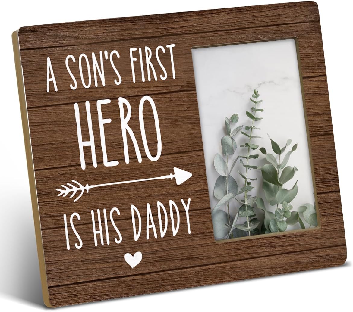 TSUYAWU Daddy Gift Ideas, Dad Gift From Son, Rustic a Son's First Hero Is His Daddy Wood Picture Frame 8 x 10 Inch Tabletop and Wall Mounting (Display Photo 4 x 6 Inch) - Image 2