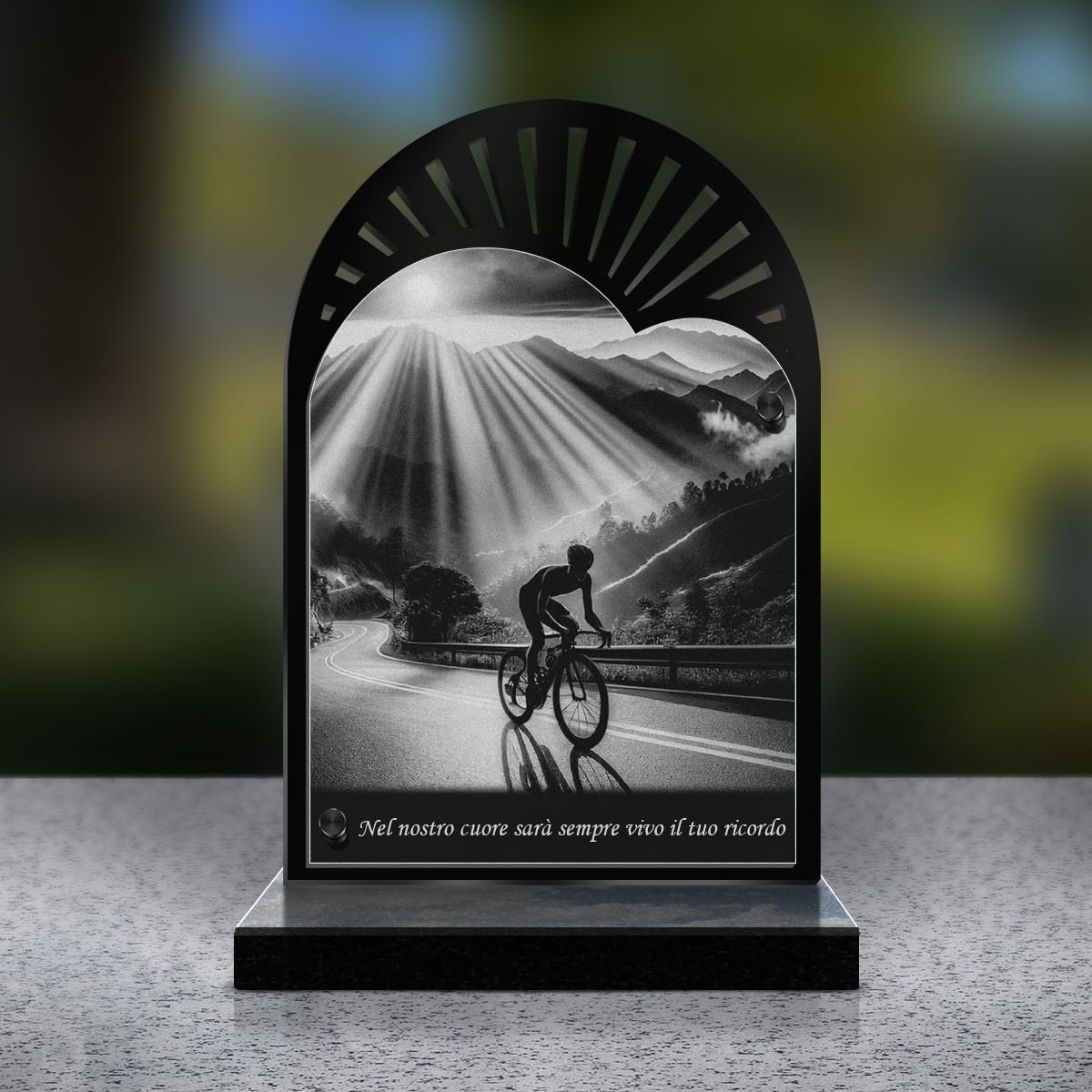 ETERNEL - Targa Funeraria Personalizzata Raggi di Sole - Ciclismo, Ciclista, Bicicletta, MTB - Testo personalizzabile, targa funeraria incisa al laser per omaggio, targa cimitero, funerali esequie