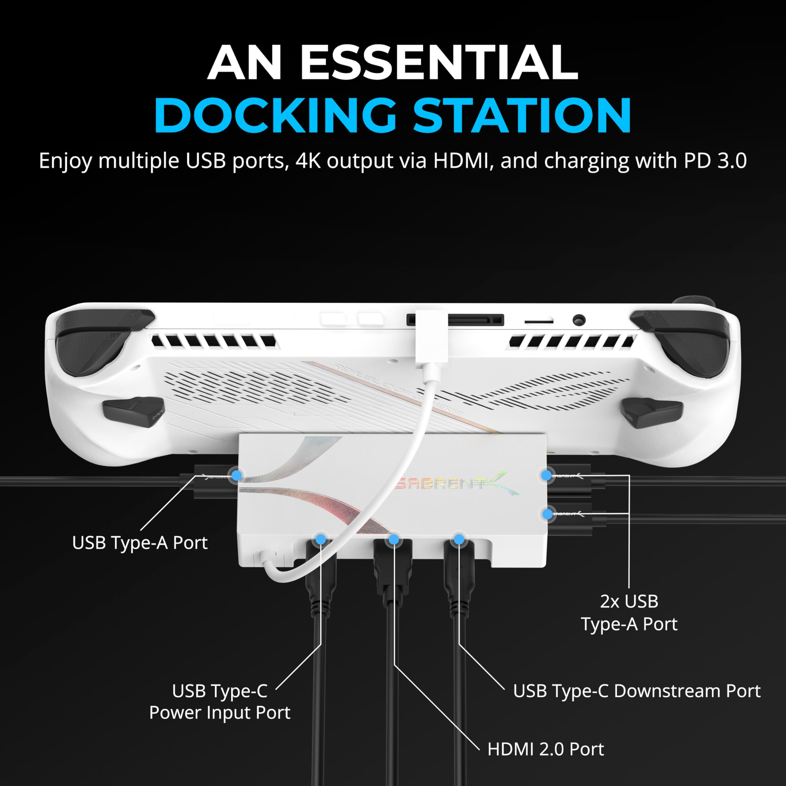 SABRENT Stacja dokująca do Asus ROG Ally, 6-portowy USB typu C, 4K przy 60 Hz HDMI, porty USB 5 Gb/s, zasilanie, kompaktowa konstrukcja do gier (DS-RA6P)