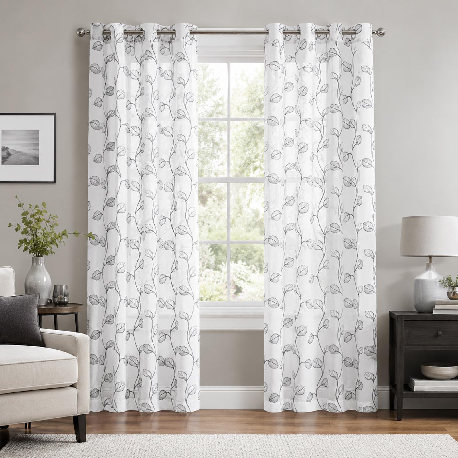 SSWH Sheer Voile Curtains with Embroidered Pattern, Semi Transparent Net Curtains, Voile Sheer Panels for Bedroom Living Room with Eyelet(Size:132x160cm/W 52" x L 63" (2 Panels),Color:White)