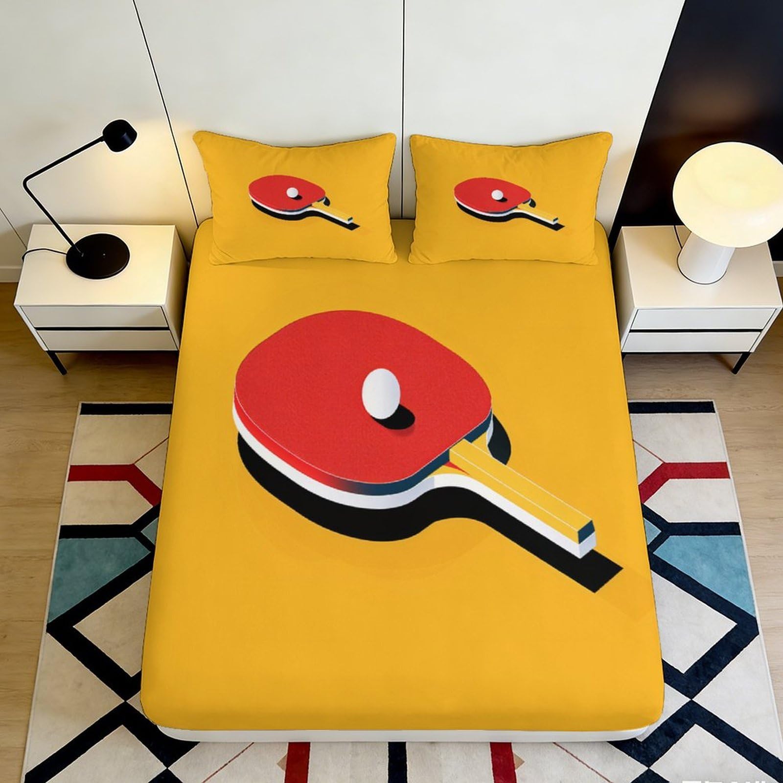 3D Printed Ping Pong Paddle Fitted Sheet Microfiber Soft Breathable Table Tennis Bed Cover for Bedroom Dormitory Guest Room Mattress Protection Decor 180x200x25cm