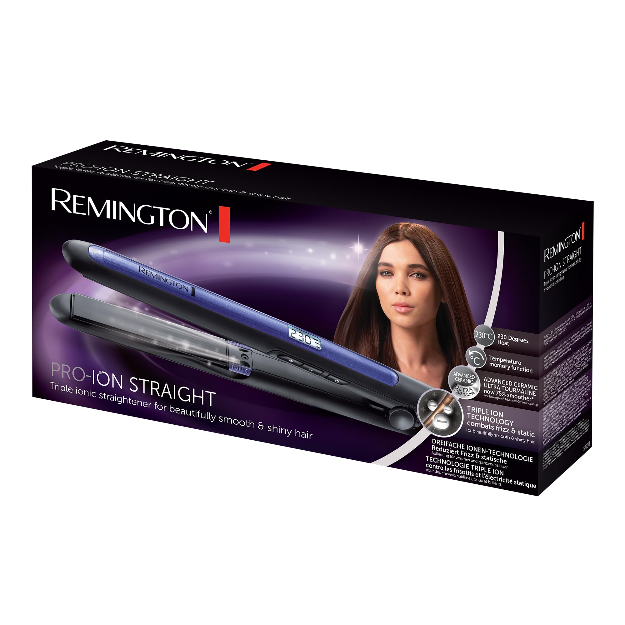 Remington prostownica do włosów z jonizacją (3x), powłoka ceramiczno-turmalinowa, zakres temp. 150-230°C, ruchome płytki, szybkie nagrzewanie, obrotow przewód, etui, fioletowa, Pro-Ion S7710