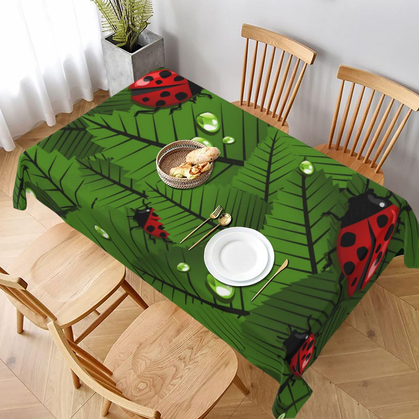 BNVSADC Leaves and Ladybugs Printed Rectangle Tablecloth 228x152 CM, Water Resistant Polyester Table Cloth Decorative Fabric Table Covers for Kitchen Dining Table Parties Camping