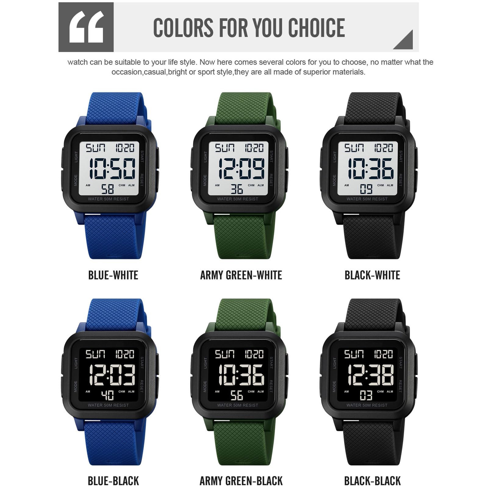 findtime Reloj digital unisex para hombre y mujer, esfera cuadrada, números grandes, LED, electrónico, resistente al agua, alarma, temporizador de cuenta regresiva, hora dual, cronómetro, 12/24 horas