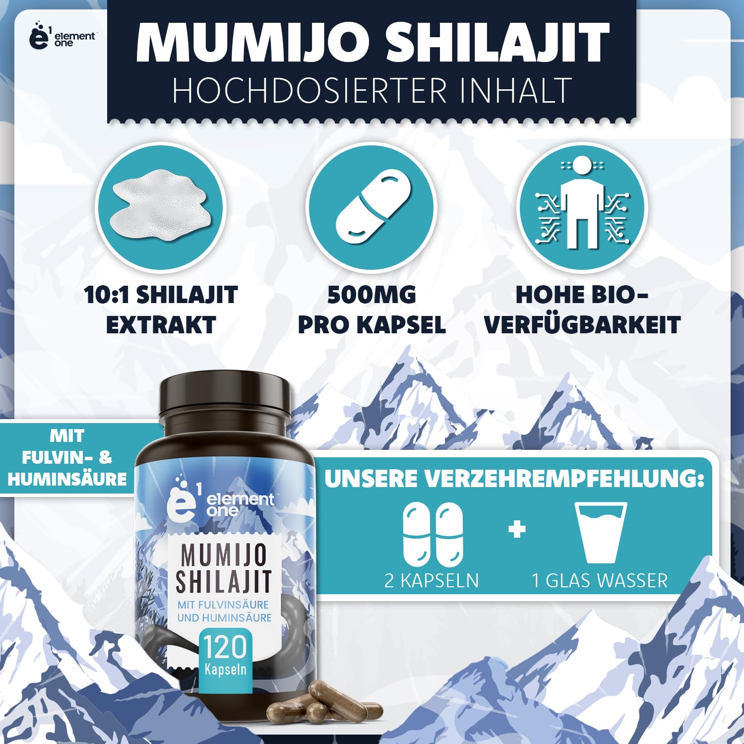 Shilajit Kapseln - 500mg pro Kapsel - 120 Hochdosierte Kapseln - Mumijo Shilajit Extrakt - natürlicher Mumijo Extrakt mit 10:1 Konzentration - reich an Mineralien mit Fulvinsäure+Huminsäure
