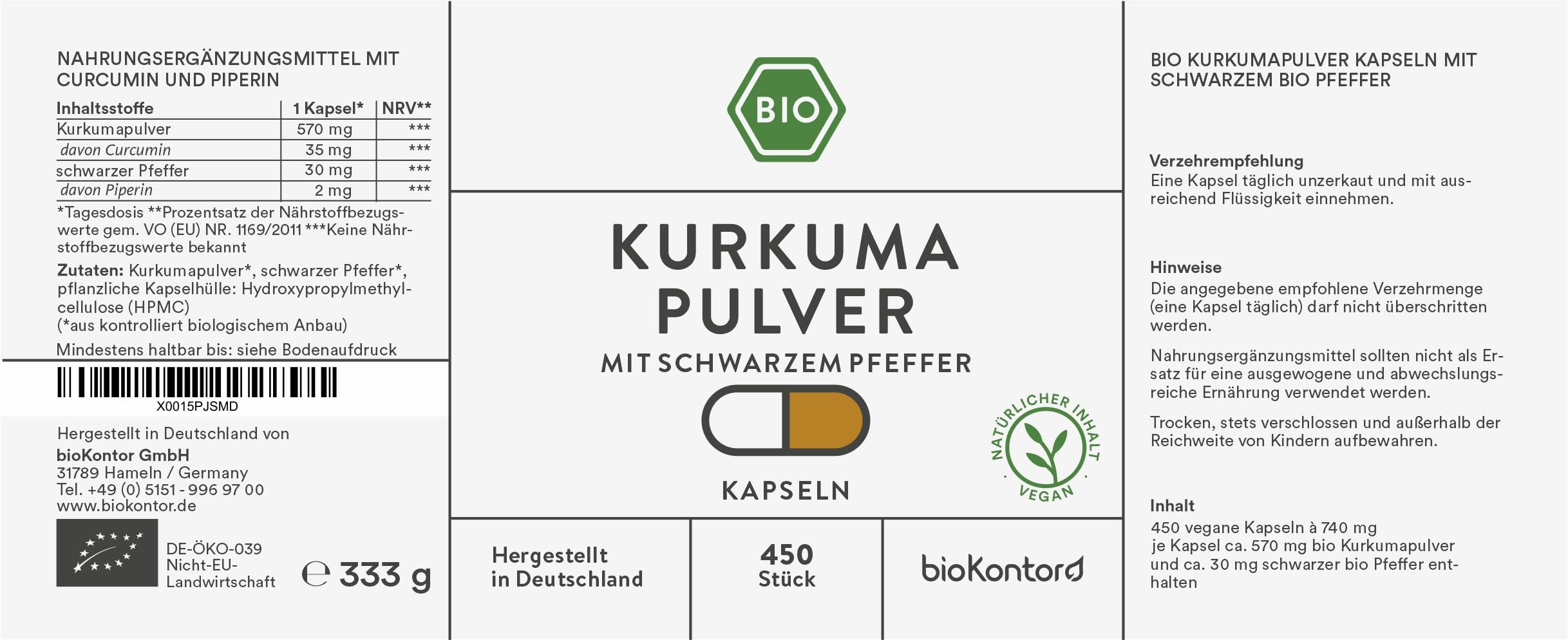 bioKontor – Bio Kurkuma Kapseln vegan 450 Stück – 600 mg Tagesdosis – 15 Monats Vorrat – Bio Kurkuma Pulver Kapseln mit Bio Pfeffer – Curcumin & Piperin – Kurkumawurzel Pulver – deutsche Herstellung