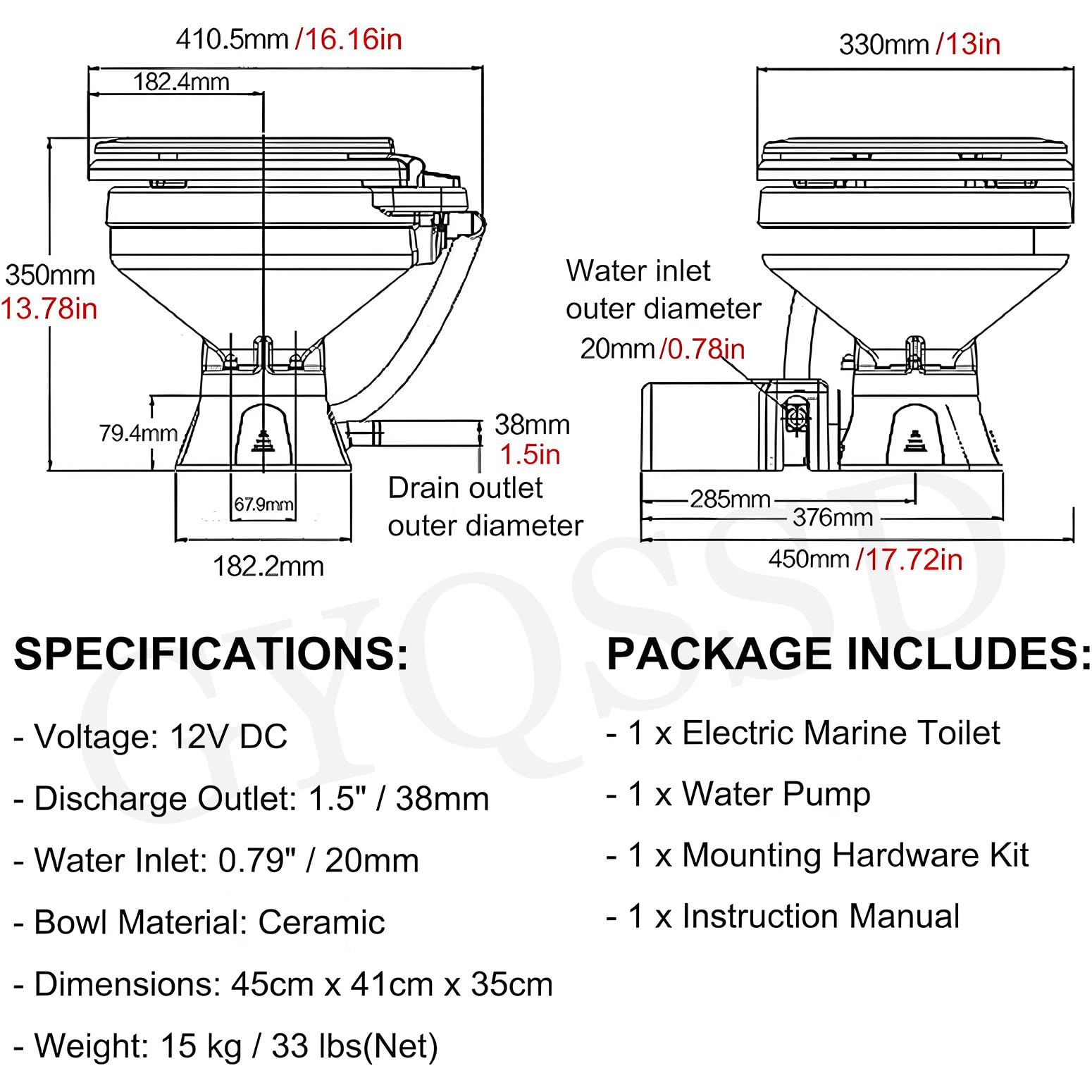 Inodoro eléctrico marino macerador de 12 V, silencioso, horizontal, para barco, para yates, caravanas, cámpers, solución compacta de cabezal de barco, asiento de cierre suave