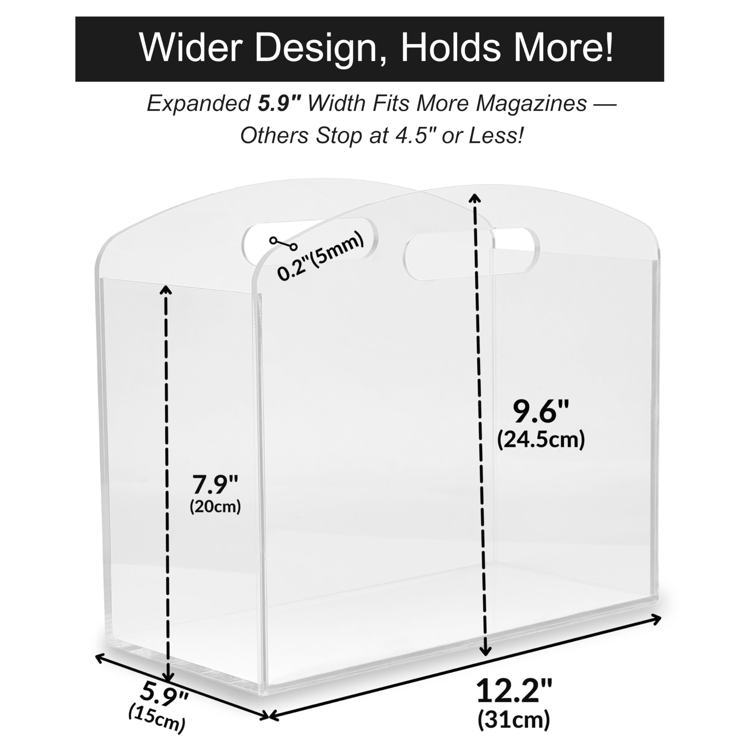 Meicloud Magazine Rack - Clear Acrylic Magazine Holder, Acrylic Newspaper Stand Organizer with handles, Modern Lucite Magazine and Book Basket Box for Bathroom, Bedroom, Living Room and Office