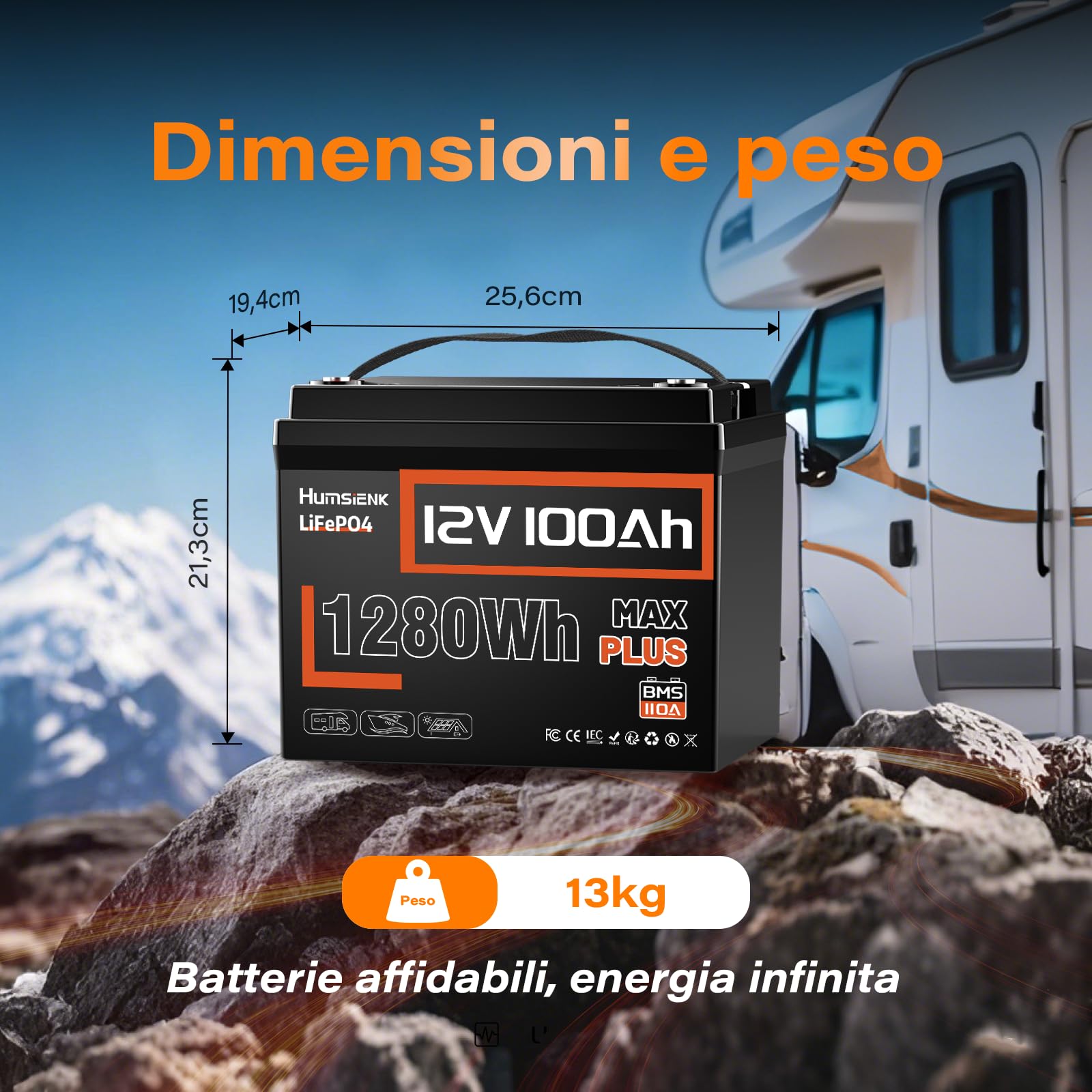 Humsienk Batteria Litio 12V 100Ah Max Plus con 110A BMS, Protezione Dalle Basse Temperature, Max. 15000 cicli, Batteria LiFePO4 12V per Camper, Impianti Solari off-grid, Fotovoltaico Accumulo