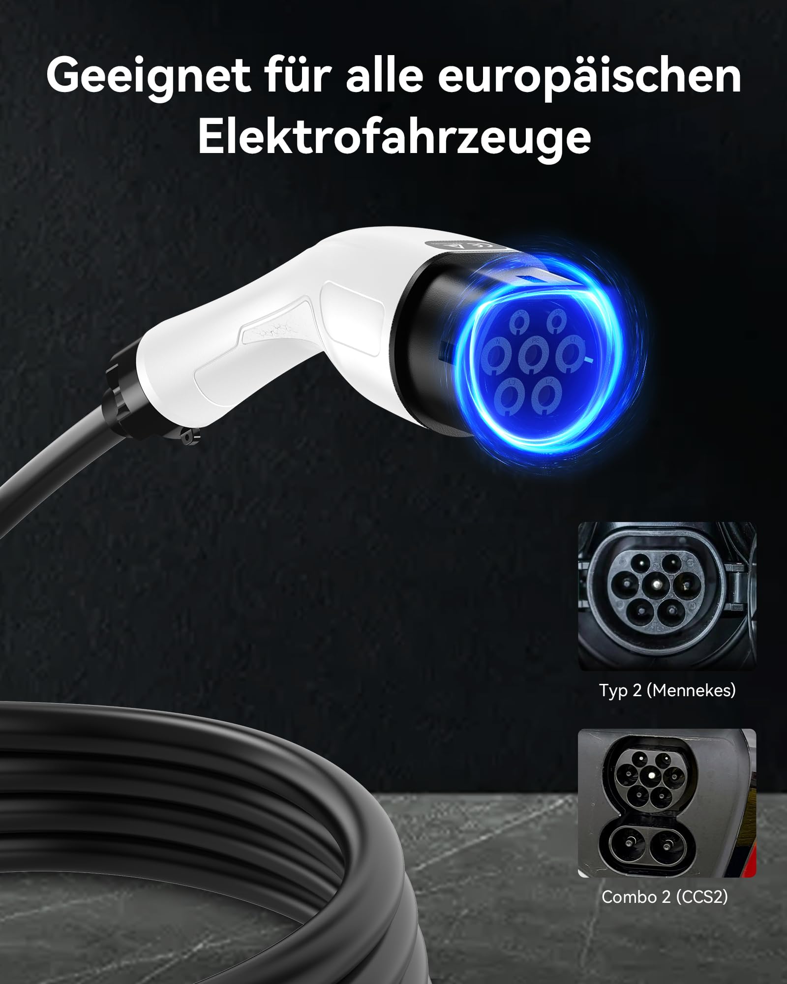 Elektrisches Kfz-Ladegerät (3,7 kW, 10,5 m, Typ 2, CEE P17 16 A) – Ladekabel mit Einstellbarer Ampere 6A-16A, verzögerte und programmierte Ladung, Mobile Ladestation für EV und PHV