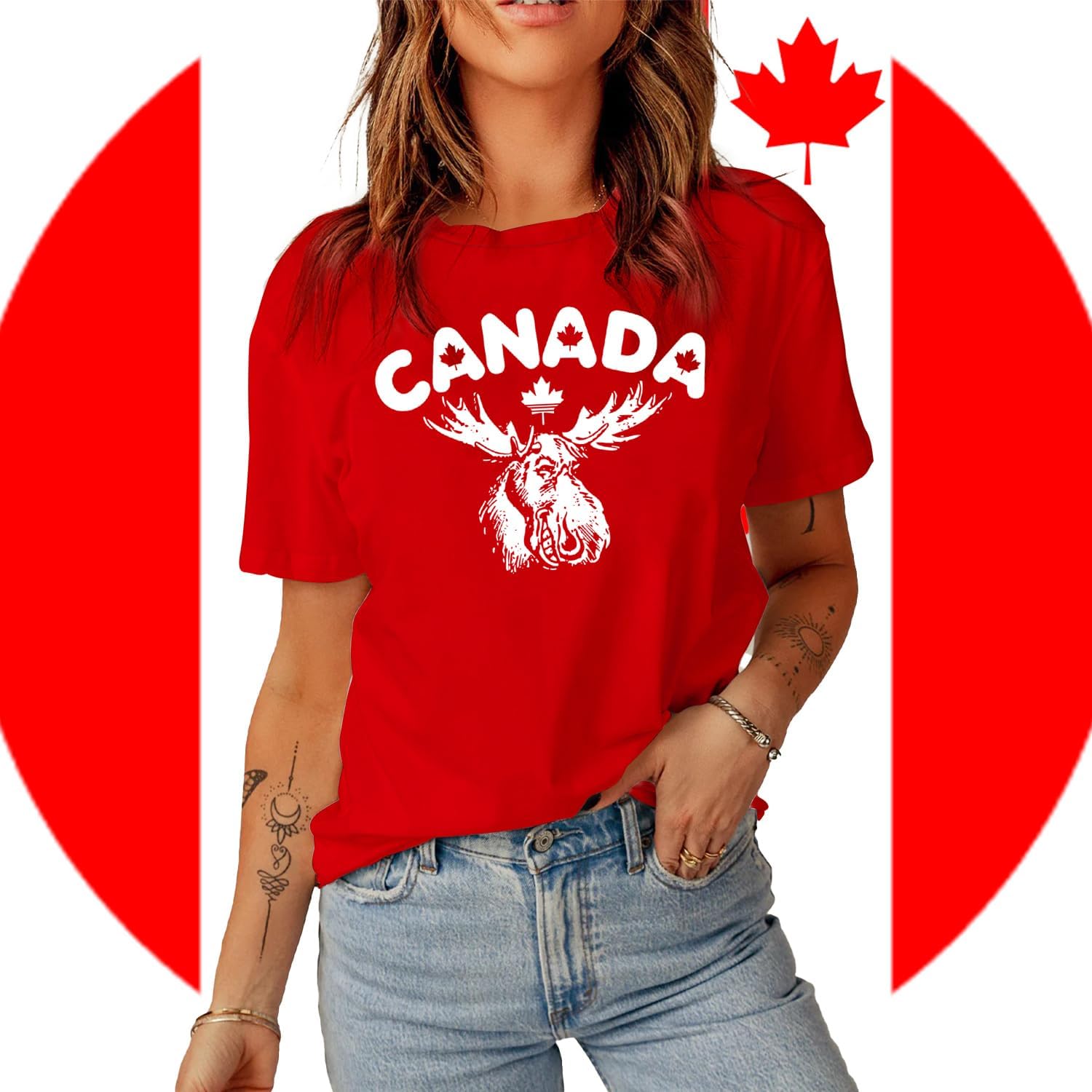 LINZEOO Womens Canada Day Maple Leaf Tee