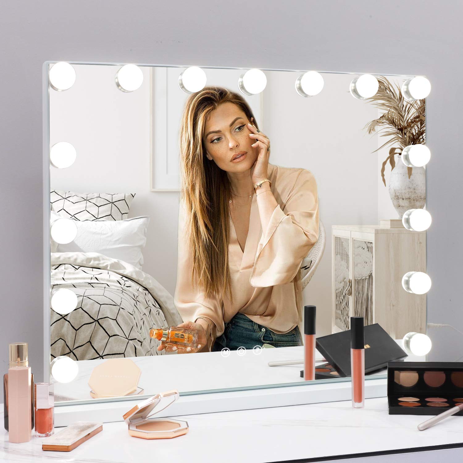 Hansong Large Vanity Mirror with Lights, Hollywood Mirror with Lights, Lighted Vanity Mirror with 15 Dimmable LED Bulbs for Dressing Table, Light up Makeup Mirror Tabletop or Wall-Mounted White