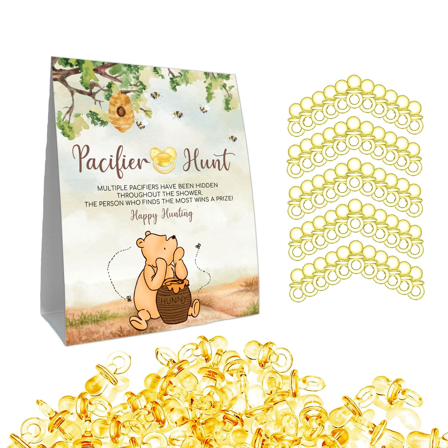 Guawubiang Winnie Mini Pacifiers Baby Shower Game, Pacifiers Hunt Sign, Classic Pooh Baby Shower Game Set, 50Pcs Yellow Mini Pacifiers Decor for Baby Shower, Baby Shower Game Supplies