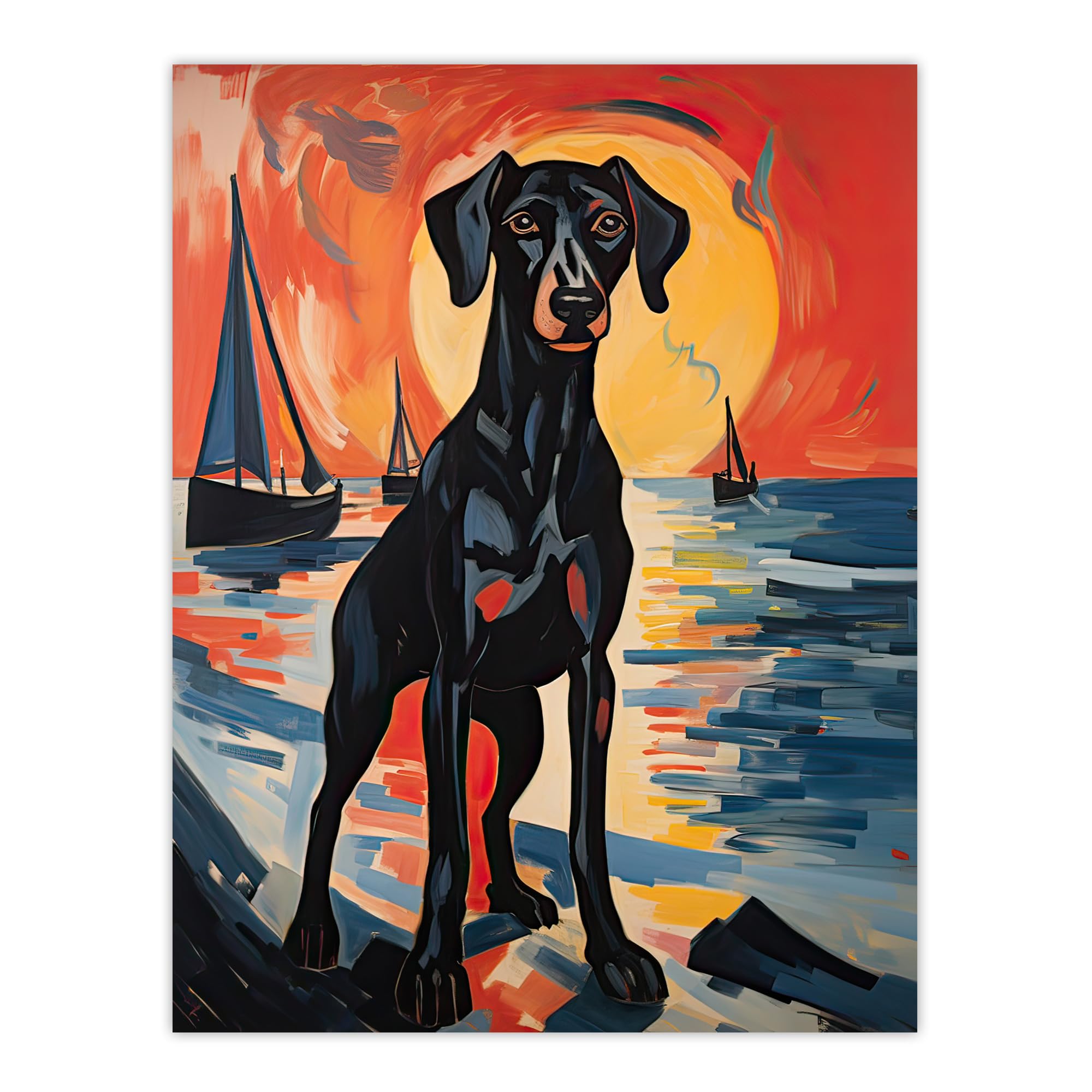 Artery8 Black Doberman Dog Artwork Coastal Sunset Seascape Acrylic Painting Orange Blue Seascape Sailboats Extra Large XL Wall Art Poster Print