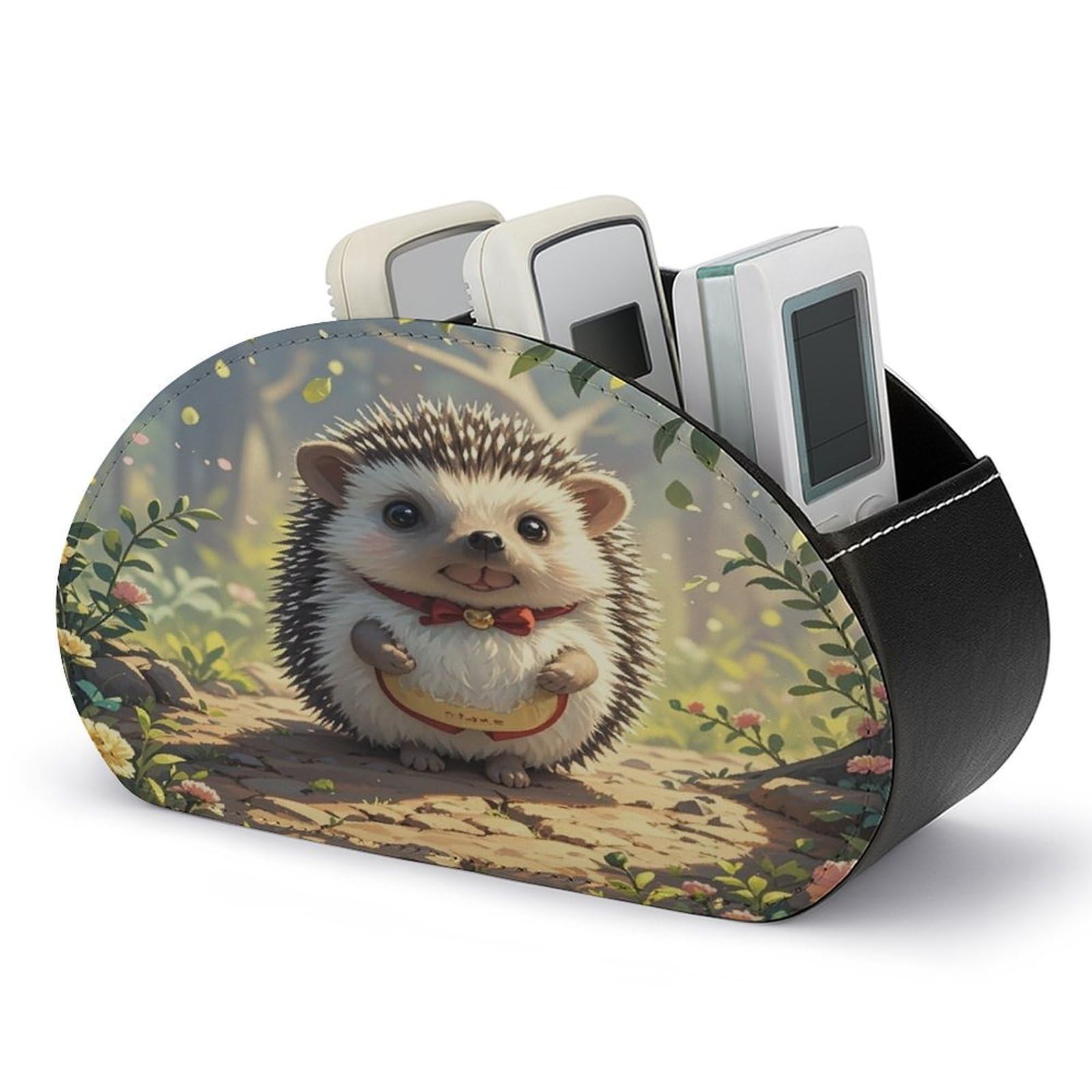 FekiLoot Lovely Hedgehog TV Remote Control Holder with 5 Compartments Multi-functional Leather Bedside Table Remote Caddy Desktop Storage Box for Store Pen Controller Media Player Cosmetic
