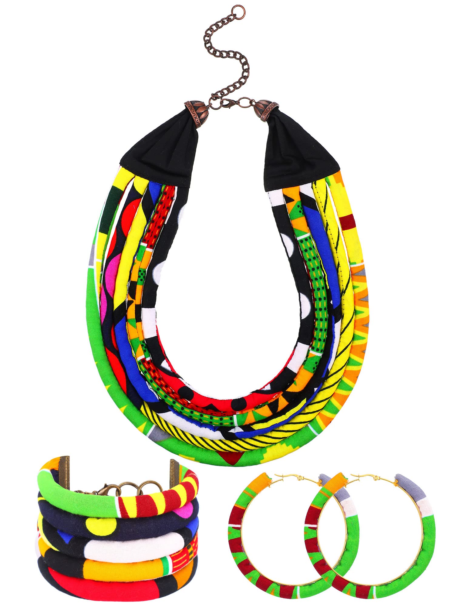 Huquary3 Pcs African Print Jewelry for Women Includes Africa Print Necklace Fabric African Kente Bracelet African Hoop Earrings Colorful Cloth Print Earrings for Gift Costume Party