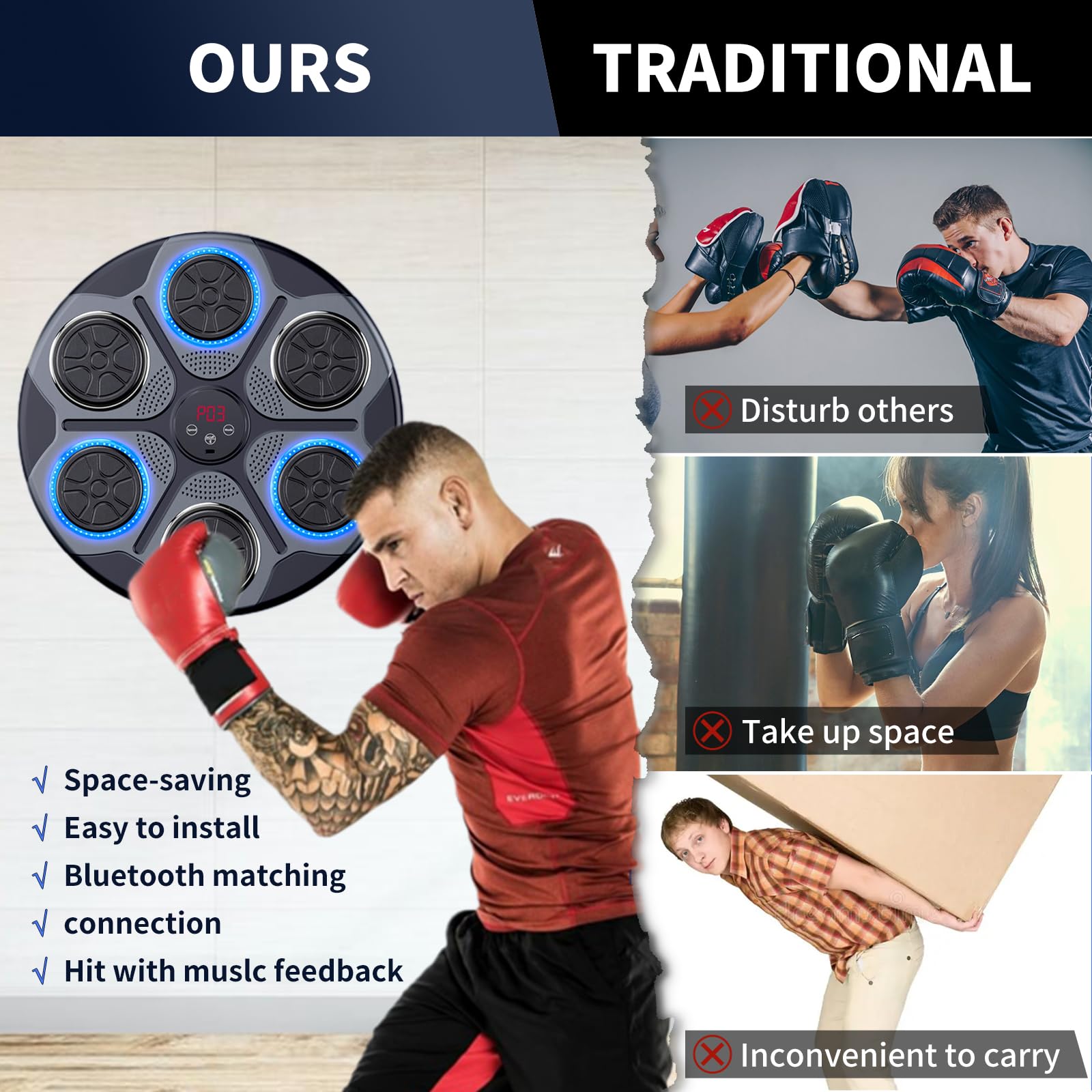 Boxing Machine avec Bluetooth, Hauteur Réglable, 4 Modes, Machine de Boxe Musicale Adulte avec Gants, Boxe Mural Musique pour l'intérieur, Exercices à Domicile, Décompression, Exercice