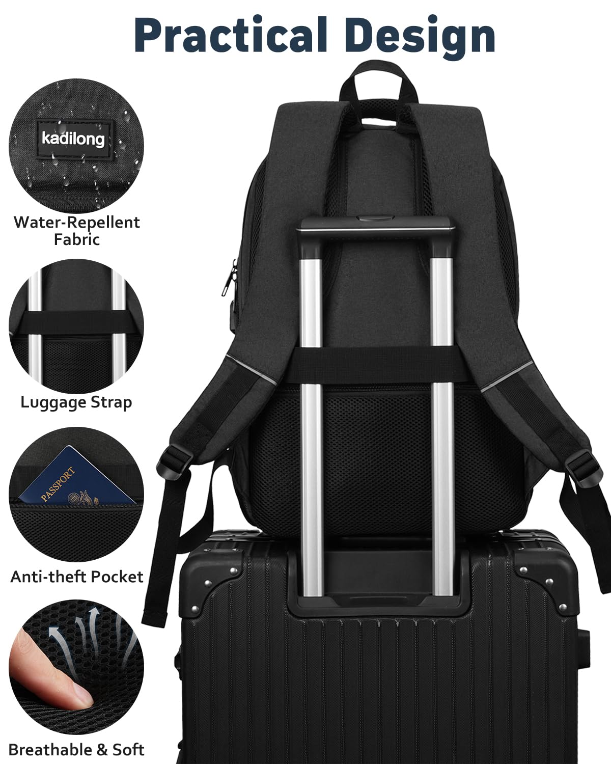 kadilong School Backpacks for Teen Boys Laptop Backpack Men,Bookbag College Computer Bag with USB Charging Port for Work Business Middle High School Student,Black