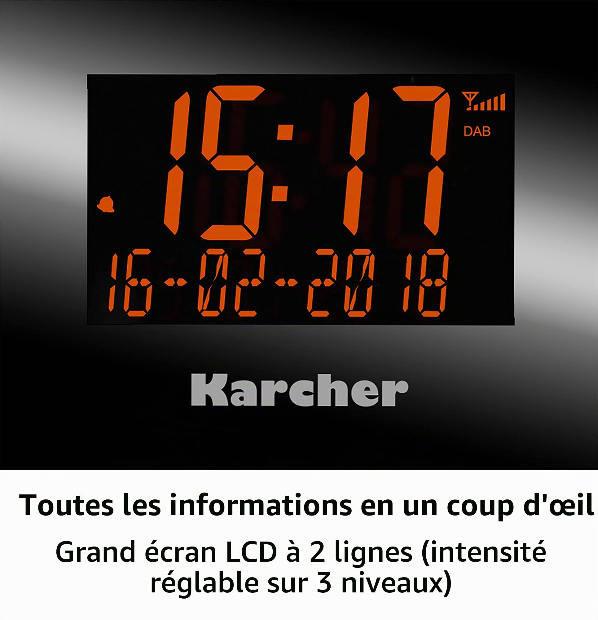Karcher – Dab 2420 – Radio-réveil stéréo – (Dab+, FM-PLL avec RDS et mémoire de Station, écran à intensité Variable, Double Alarme, Fonction Weekend/Snooze, Mise en Veille programmable) – Noir