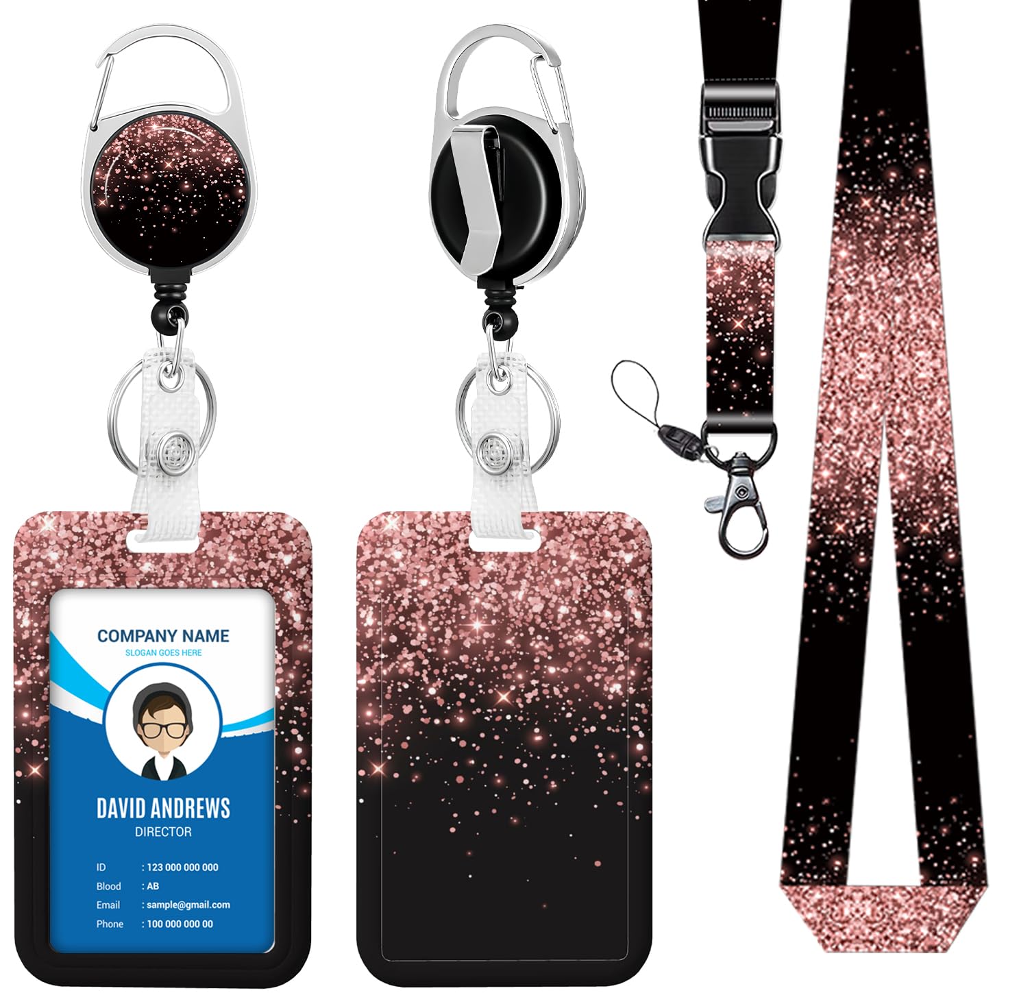 Lanyard for ID Badge Holder Badge Reel Rose Gold Glitter Sparkling for Man Women Cute Nurse Teacher Name Tag Clip Retractable Keychain Heavy Duty Work Office Gifts Accessories