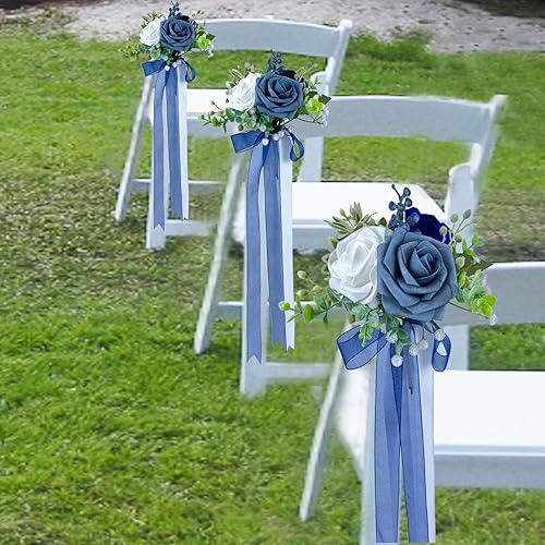 Miniatura 5 de CherishedMoments Juego de 6 decoraciones para sillas de pasillo de boda, flores artificiales, rosas y cintas, arreglo floral de banco, para boda,