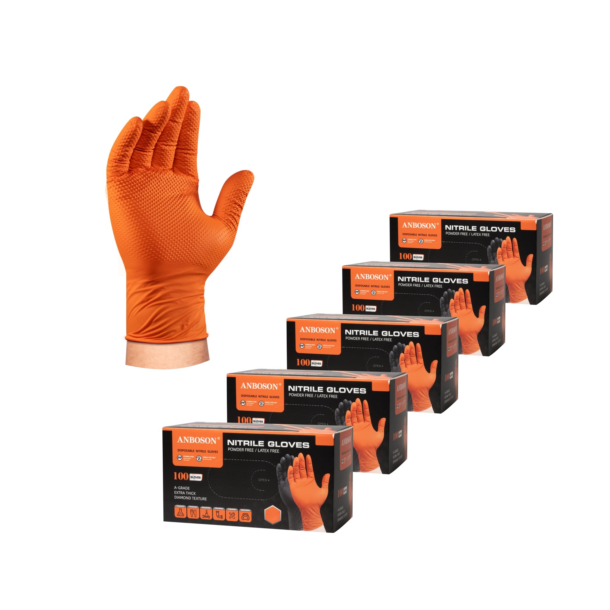 ANBOSON 10mil Nitrile-Gloves Disposable-Orange Chemical-Resistant Rubber - Mechanic Gloves Heavy Duty, Latex Free, Diamond Grip (500, Medium)