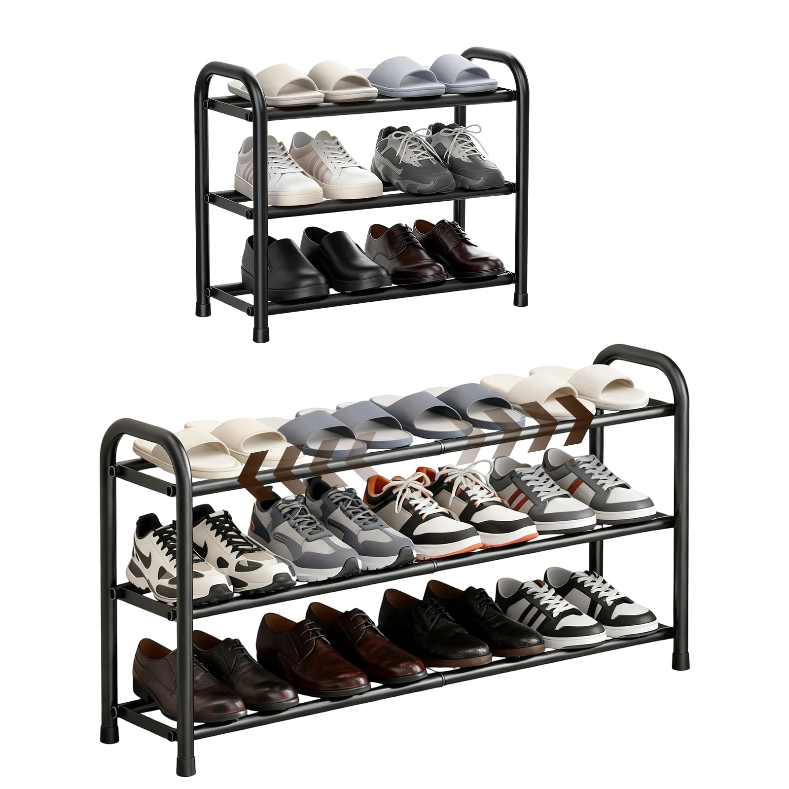 Étagère à chaussures extensible noire Eidoct avec 3 niveaux réglables pour placard