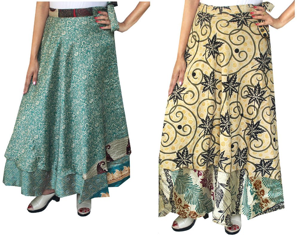 Women's Indian Vintage Silk Sari Magic Wrap Around Skirts Long Boho Two Layers Multicolored Wholesale 2 Pcs Lot
