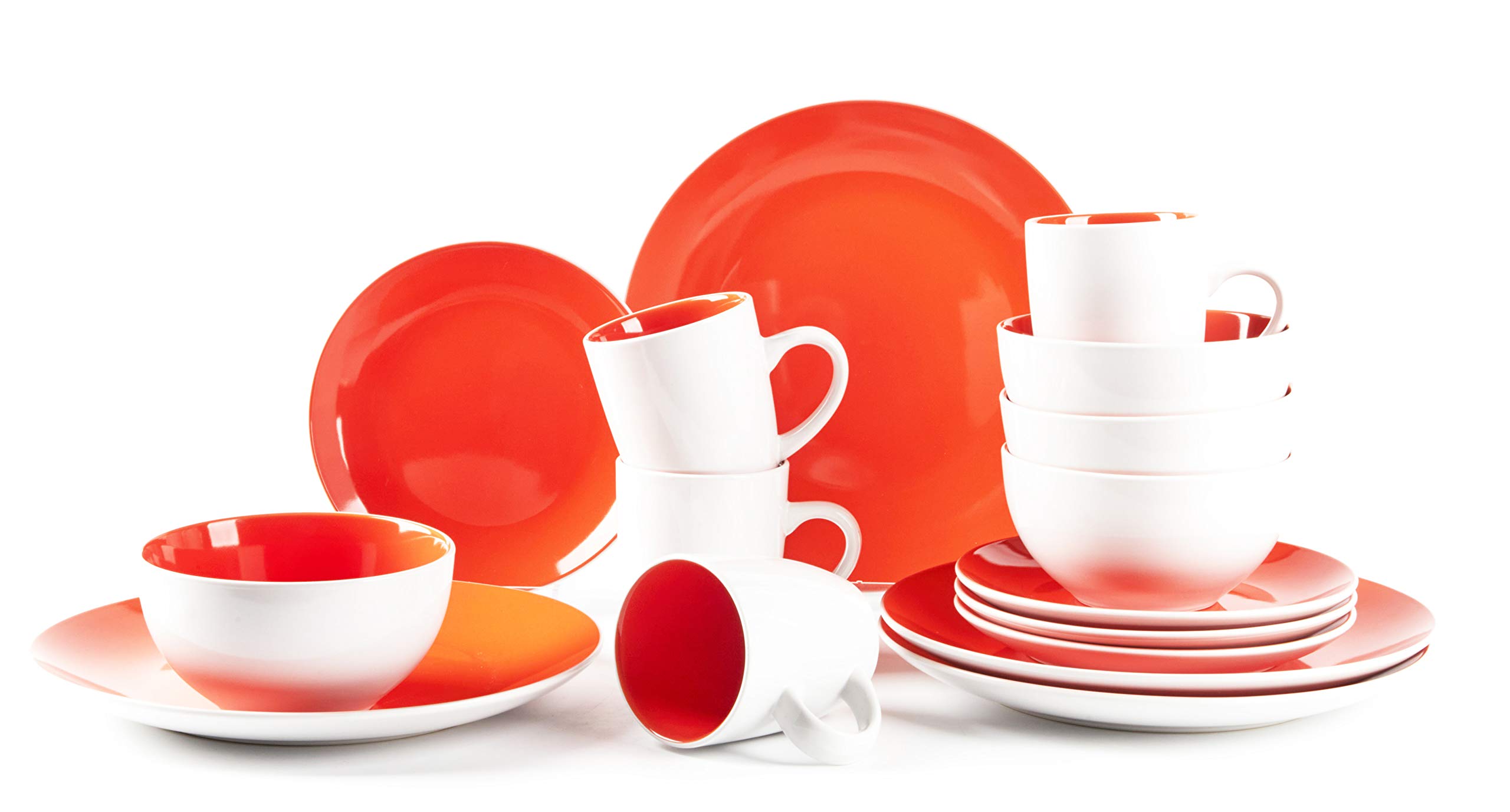 HomeVss, Stoneware Coupe Shape 16pc Dinnerware Set, Outside White + Inside Coral