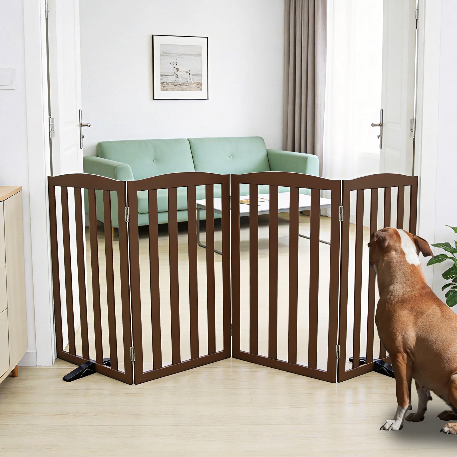 SFJC Freestanding Dog Gate Indoor,Doggie Gate Foldable Pet Gates for Doorways,Stairs or Hallways, Wooden Brown Pet Gate for the House, Pet Fence with Support Feet Included,32 "Height-4 Panels