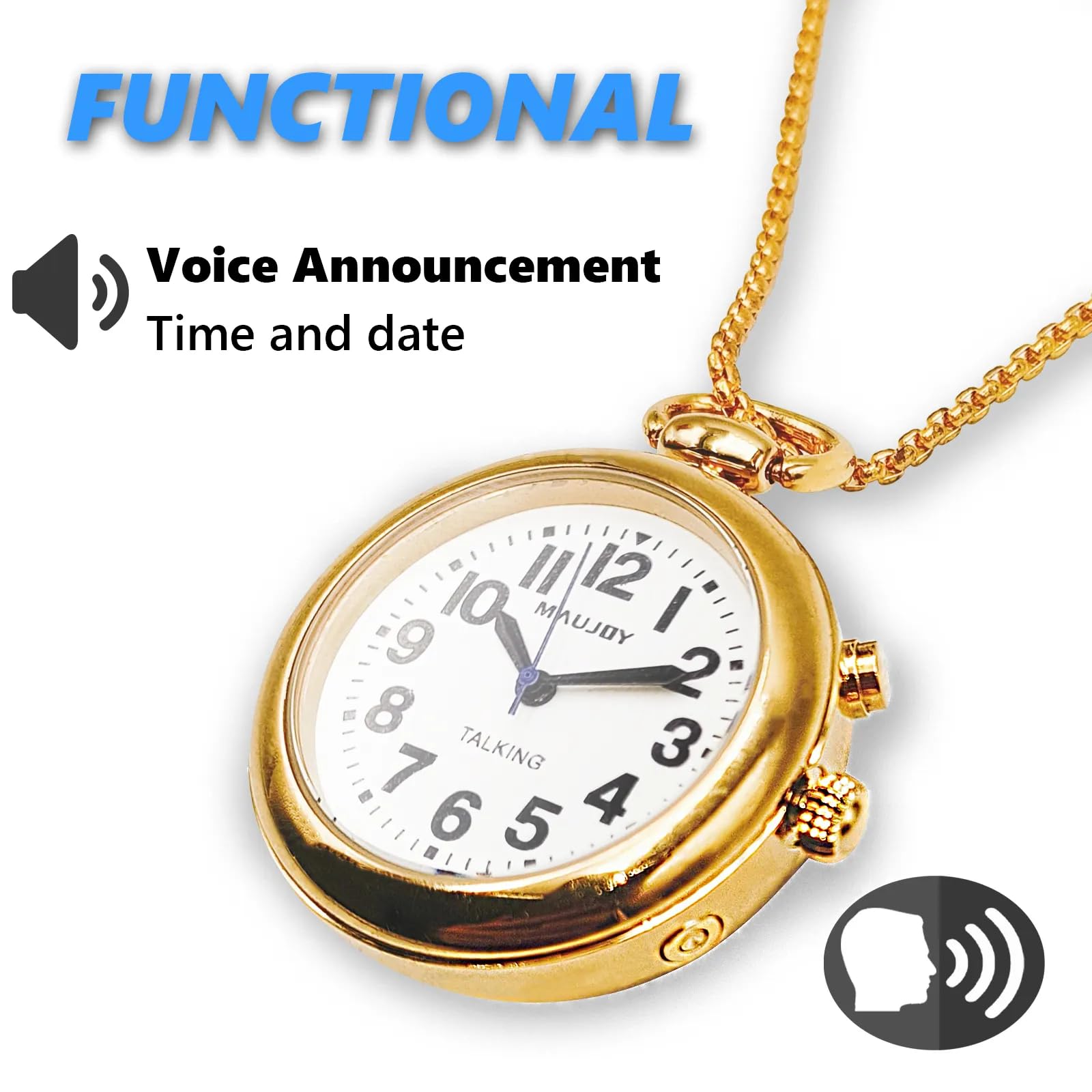 Sprechende Anhängeruhr mit großem Analog-Anzeige und kräftigen Zahlen, Anzeige von Uhrzeit, Datum und Tag oder Weckzeit, perfekt für Blinde, ältere Menschen oder Sehbehinderte, gold